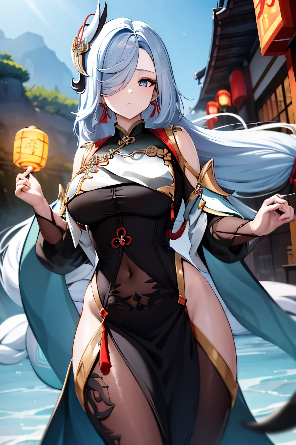 masterpiece,best quality,1girl,shenhe_\(genshin_impact\),solo,long_hair,breasts,hair_over_one_eye,dress,hair_ornament,black_dress,lantern,bangs,chinese_clothes,earrings,jewelry,blue_eyes,