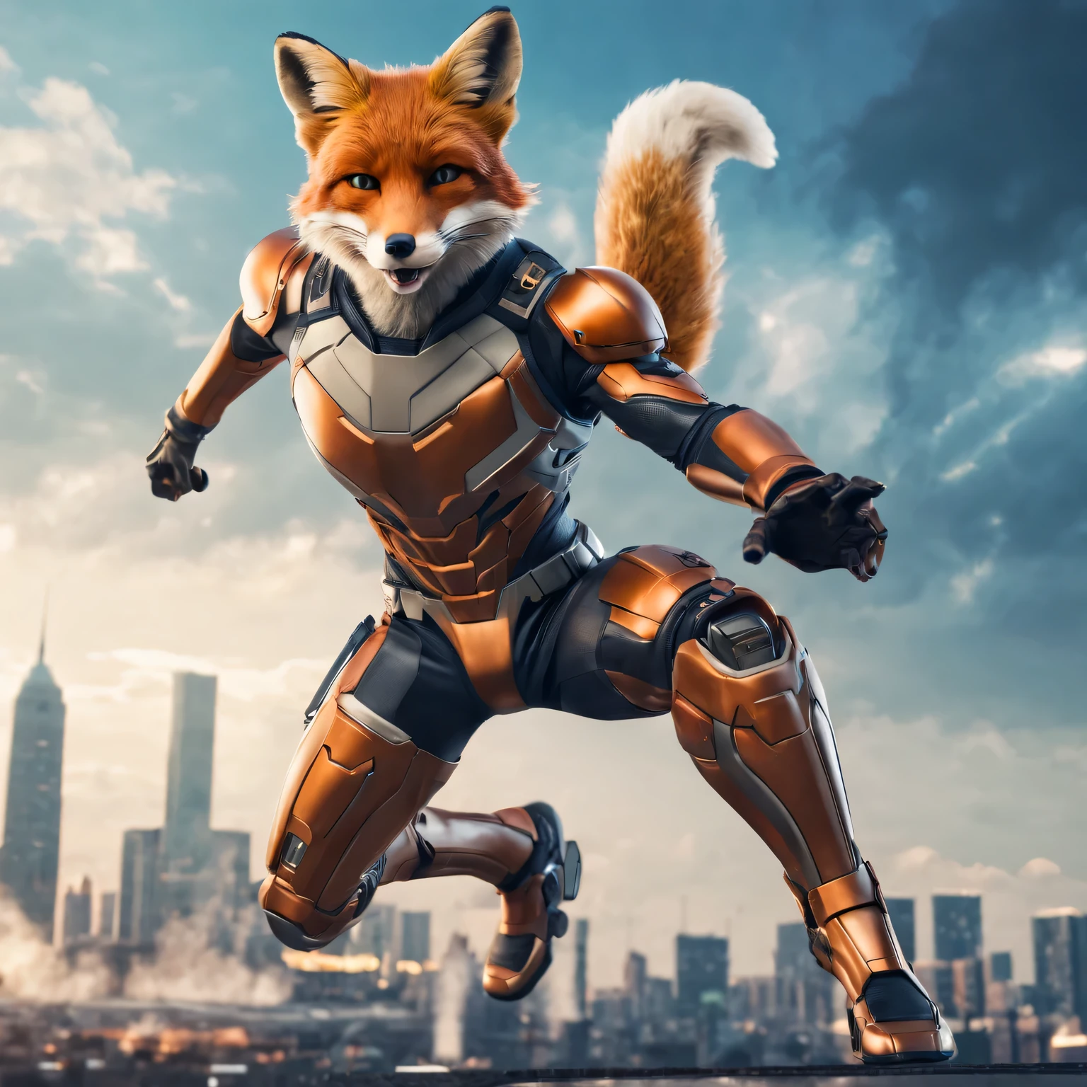 Realistic photo depicting a humanoid (anthropomorphic) superhero fox in a high-tech suit, Move action, full pose, whole body, Electropunk, high detail, many image details, 8K, hyperrealistic