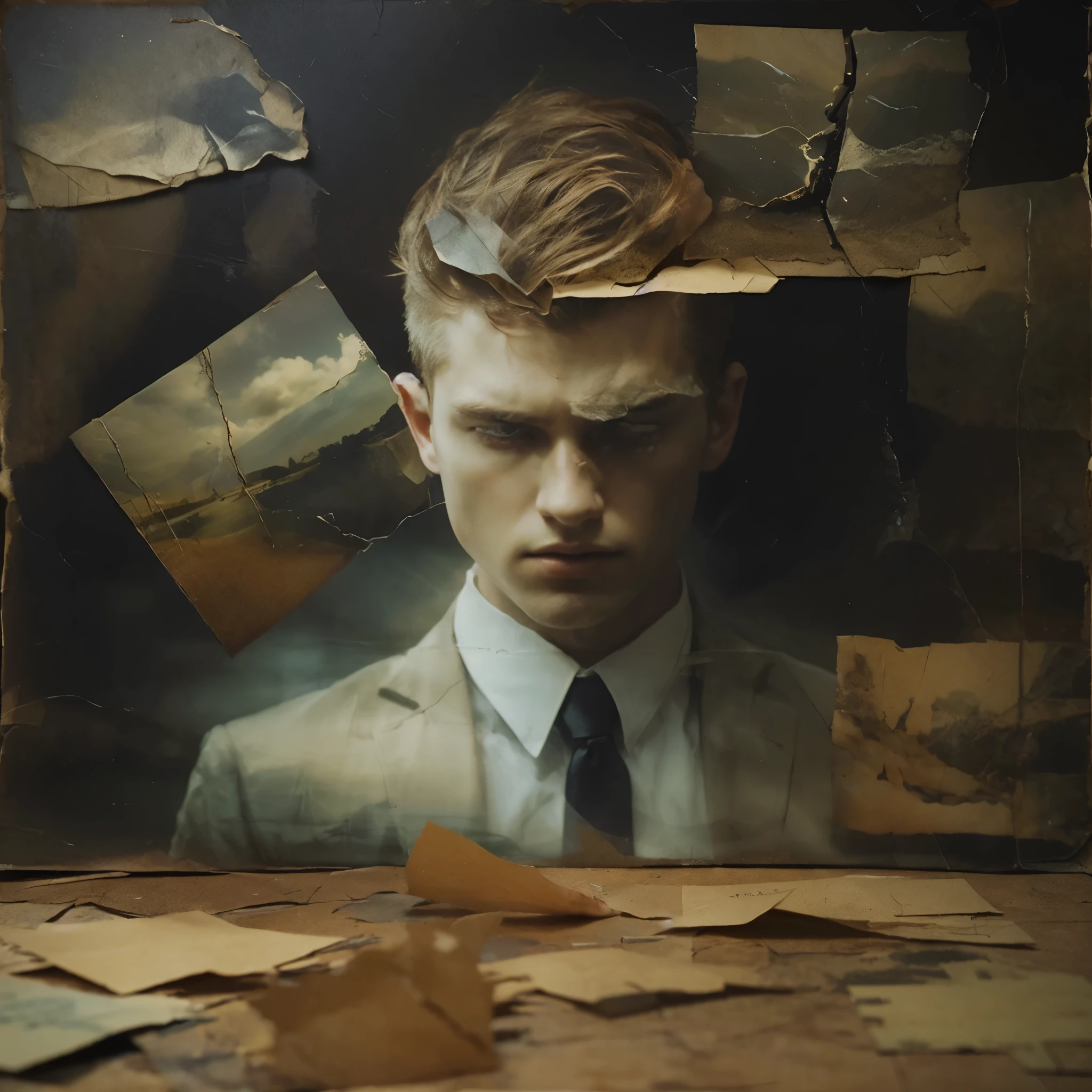 the figure of a 1 handsome young man in complex double exposure art by Alex Stoddard, Natalia Drepina and Brooke Shaden surreal postcard on cracked paper, extremely dynamic, unusual, vintage