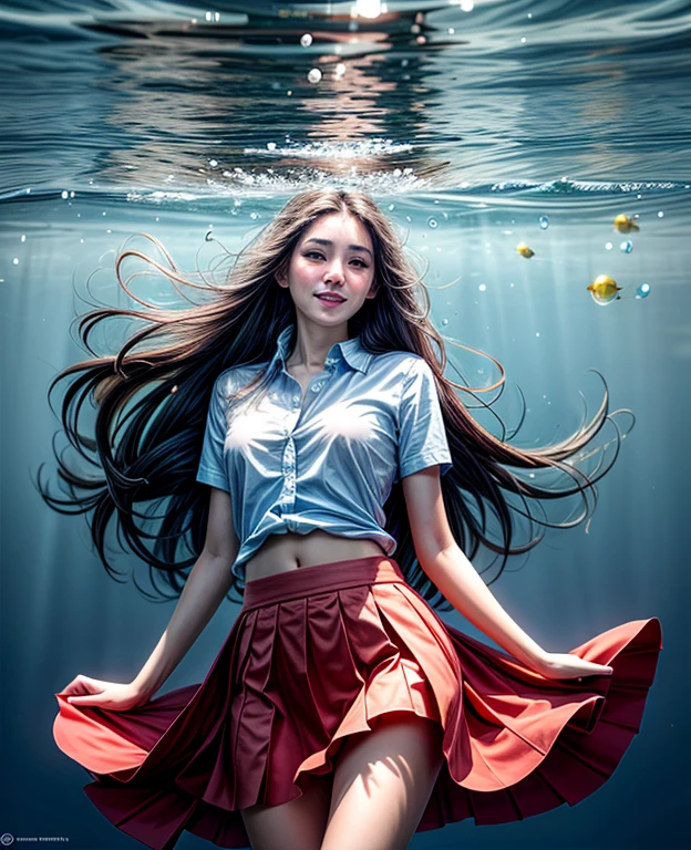 (masterpiece, best quality), (absurdres:1.2), (photorealistic:1.4), RAW photo of beautiful girl, long hair, slim, shirt, skirt, smile, (under water:1.2), fish, lagoon, ocean, blue, sunshine from above,  bubble, (ultra detailed, ultra sharp, ultra high resolution, 8k:1.2), shot from below, Vietnam face