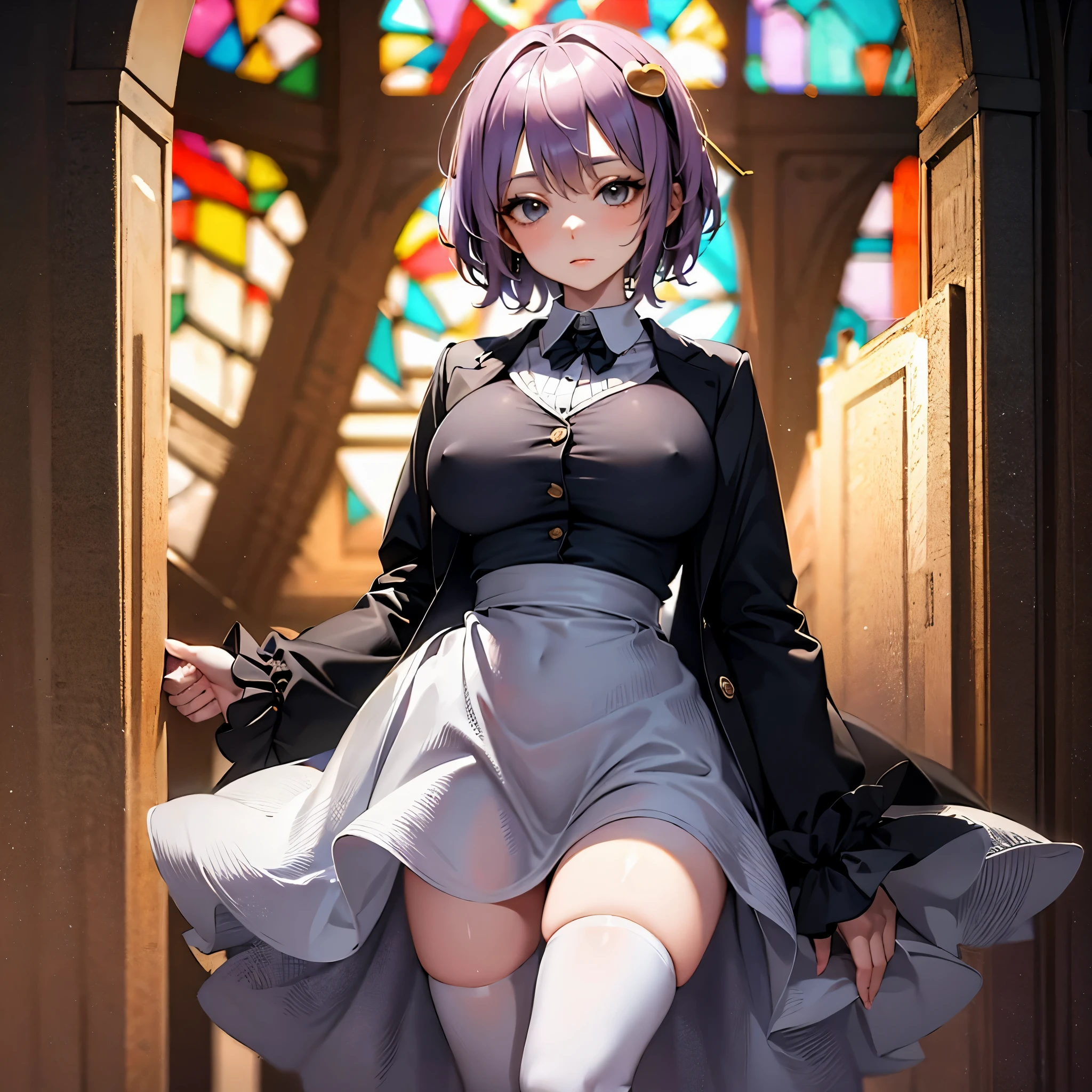 (Satori toho character:1.1), (solo), (standing), (stained glass), BREAK, short hair, (huge perky breasts), bursting breasts, (inconceivably thin waist:1.2), very long legs, BREAK, (black blazer:1.3), (black thighhighs:1.3), (very short black high-waist skirt:1.3) cinches waist too tight, highheels, BREAK, nose blush, BREAK, masterpiece, ultra-detailed