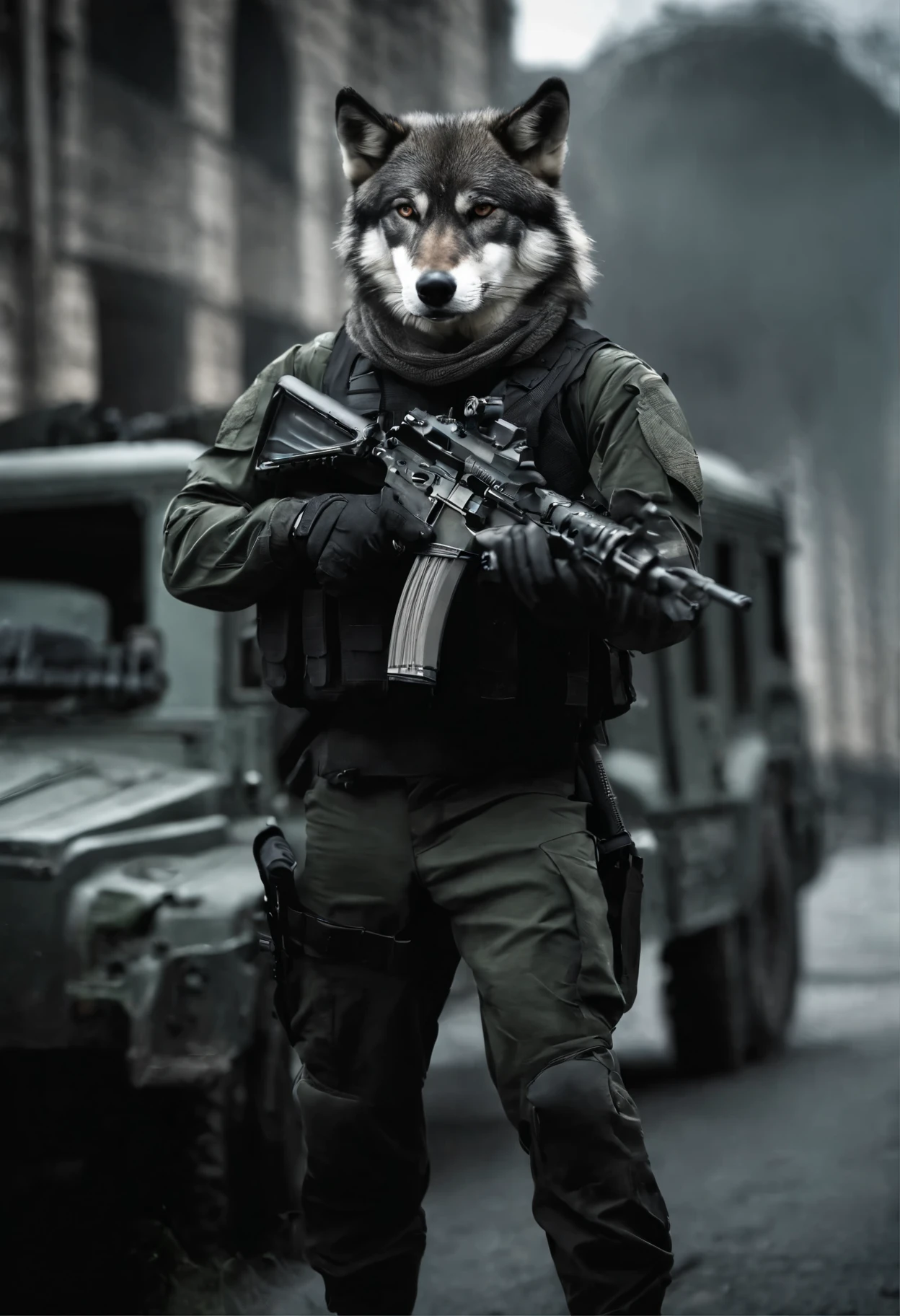 Black and white wolf dressed in Russian military modern equipment and vest, Holding an AK-74 gun in his hands. In the Foto, It is not visible below the waist, the background is blurred and there are green special forces/SWAT vehicle in the background. The atmosphere is foggy. Tall gray and muted buildings can be seen in the background. two grenade explosions behind