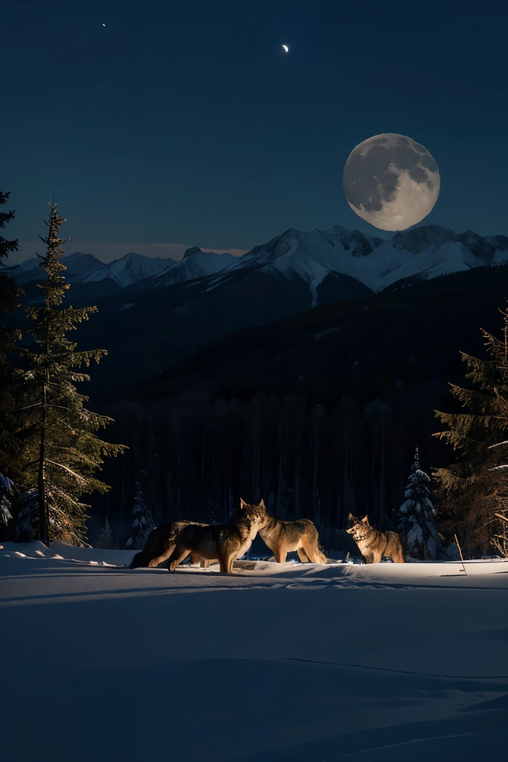 Wolves on a forested mountain early evening moon visible