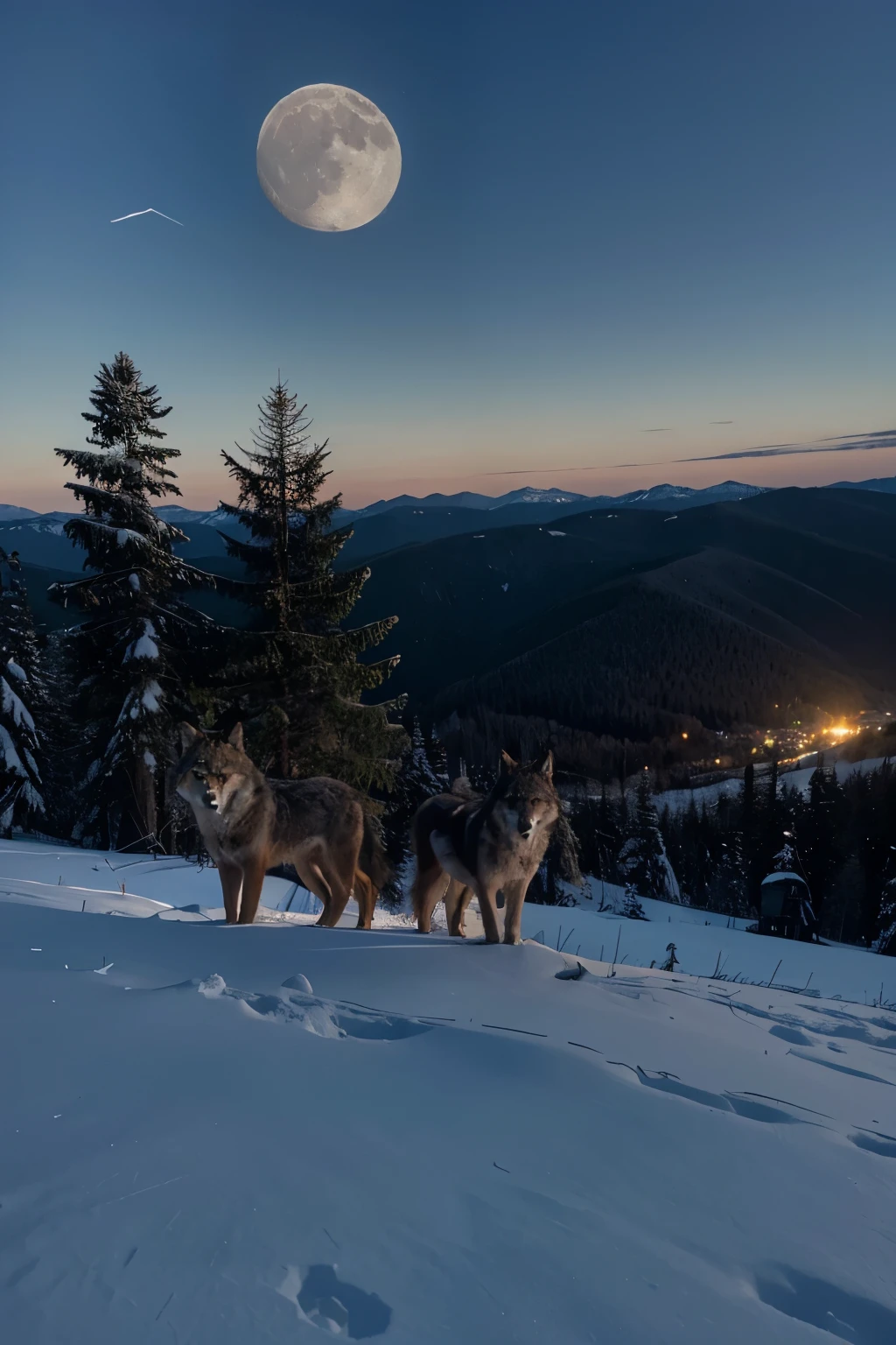 Wolves on a forested mountain early evening moon visible