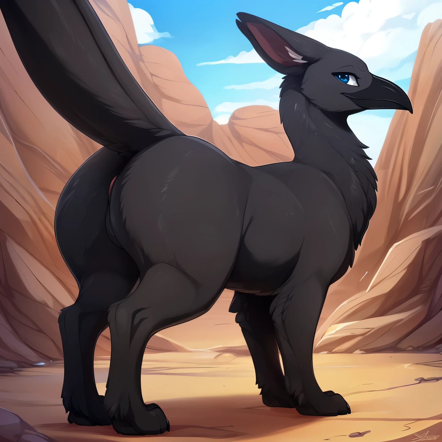 ((black_gryphon)), (all_black_body), otter, (feral_quadruped), (by shikaro), (by Inno-Sjoa), (by asaneman), (by DAGASI), female, big_butt, ((extremely_wide_excessively_massive_hyper_hips)) normal_tail, (massive_hyper_labia), (big_floppy_ears), Long_neck, ((digitigrade_extremely_tiny_paws)), (long_(black_crow_beak)), (Perfect_eyes), sexy, seductive, 1080p, (best quality), (masterpiece),