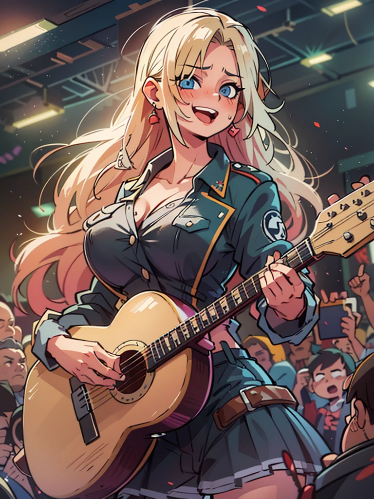 (1girl:1.5), wearing white t-shirt, masterpiece, best quality, best detail, best proportion, best , best face, best shaped , very big  , big ass, (tall girl), (15years old swedish teen), (black long hair), ((female musician with electricbase guiter):1.3)), cowboy shot, pantyshot, smile, blush, stage(background), mic stand, ((singing and playing electric base guiter):1.4), ((too sweaty):1.1), Hi-NRG musician, torn clothes, , lips, nose, pale skin, black hair, blue eyes, fair-skinned , narrow waist, pink , :1.3, see-through shirt, wet shirt, 