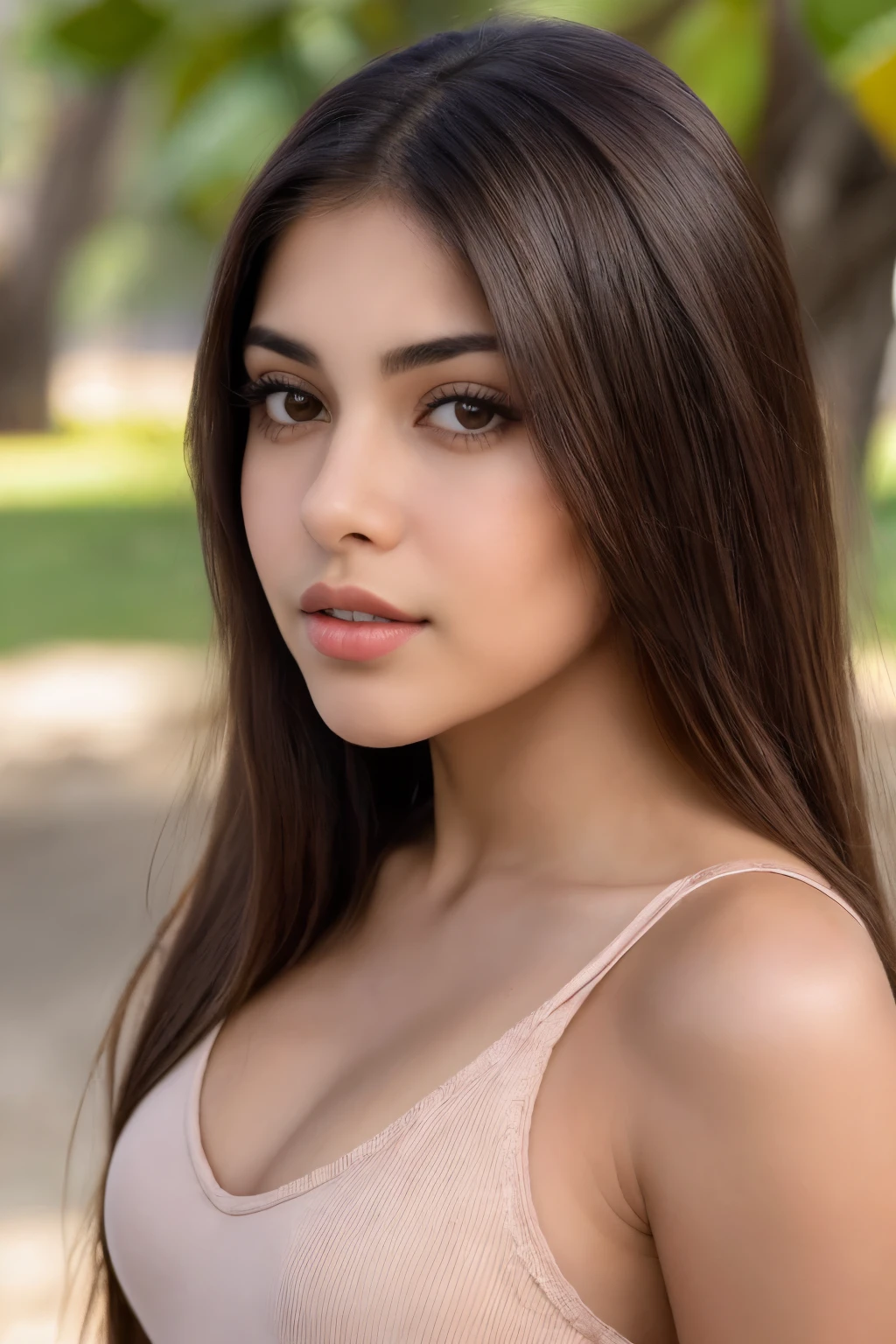 retrato, Ultra High Definition Photography, Clear lighting, 24 year old Mexican woman, big brown eyes, rostro hermoso, cabello largo negro, mirando al espectador, piel morena, Facing the camera, cara redondeada, big eyelashes, 