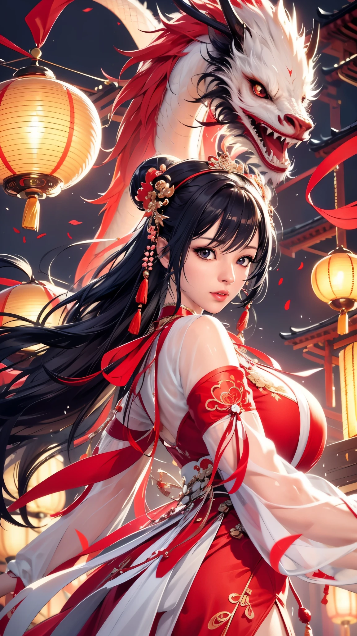 (((完美figure,figure,red hanfu,Winter Hanfu,Chinese clothes,red clothes,red background,dragon,(Chinese fabric:1.2), hanfu, Dragon and girl,dragon帽兜,xuer lion head,Dragon,long hair,black hair,hair accessories,Chinese clothing,lantern,Oriental Dragon,(((ailisha,Brown pupils,1girl,solo,long black hair,Exposing bangs ))),(((wide hips))),S型figure:1.7))),((masterpiece)),high resolution, ((Best quality at best)),masterpiece,quality,Best quality,((( Exquisite facial features,looking at the audience,There is light in the eyes,blush,shy,Happy,laughing out loud))),(((Light and shadow interlace,huge ))),(((looking into camera,from below,)))