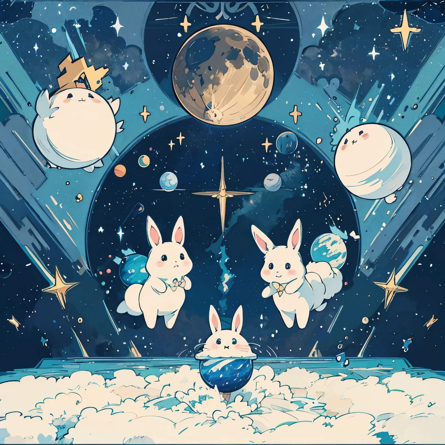 Many cute stuffed rabbits jump through space. planets, stars, moon, shooting stars, milky way,