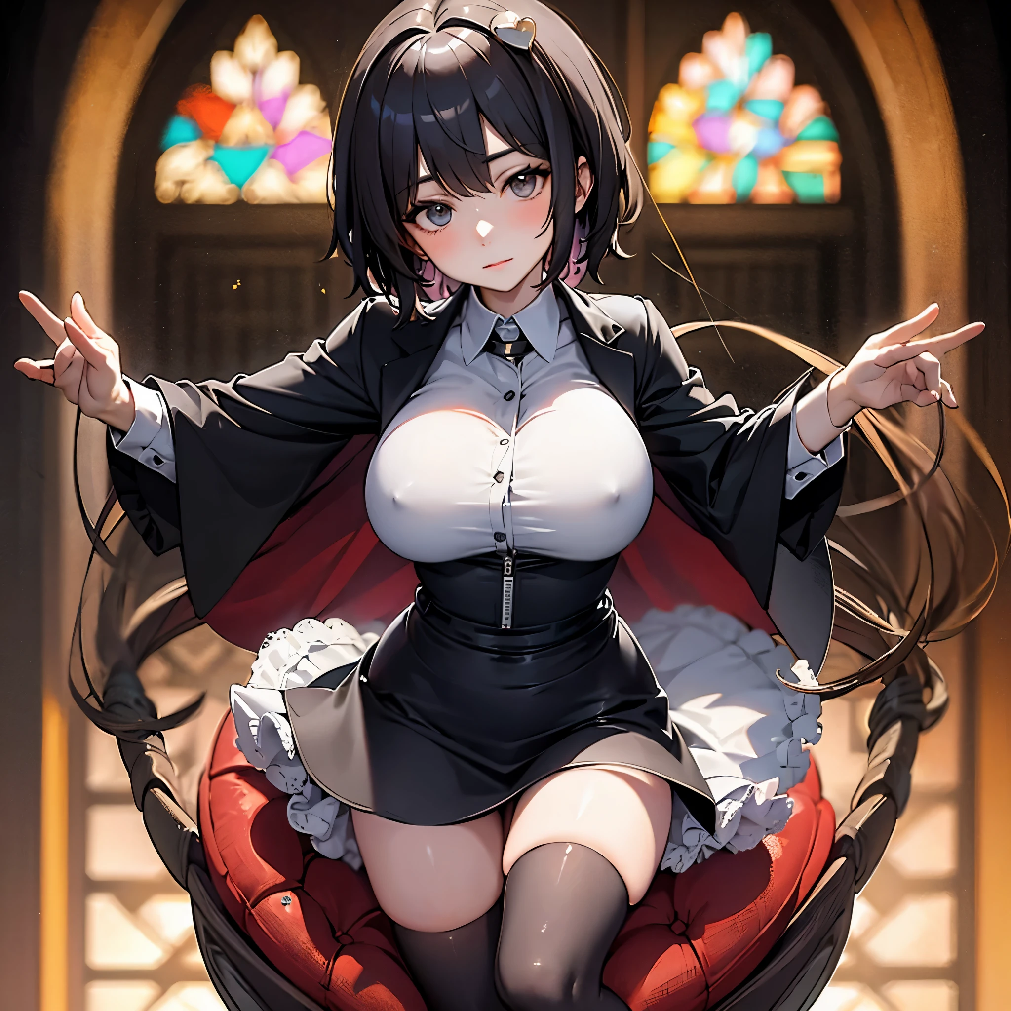 (Satori toho character:1.1), (solo), (standing), (stained glass), BREAK, short hair, (huge perky breasts), bursting breasts, (inconceivably thin waist:1.2), very long legs, BREAK, (black blazer:1.3), (black thighhighs:1.3), (very short black high-waist skirt:1.3) cinches waist too tight, highheels, BREAK, nose blush, BREAK, masterpiece, ultra-detailed