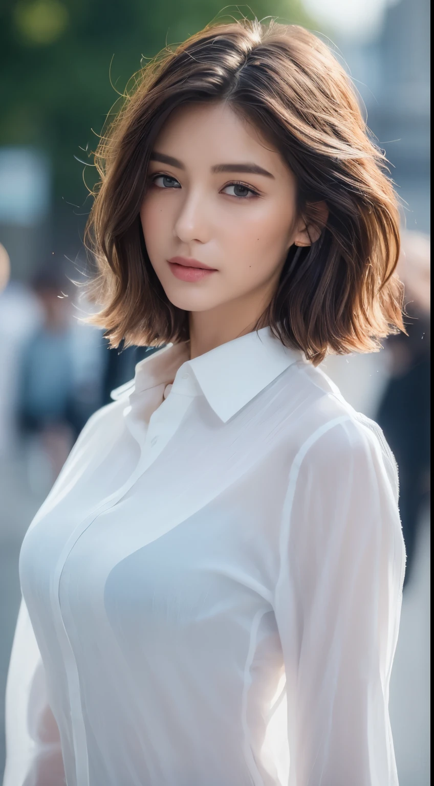 ((Best Quality, 8K, Masterpiece: 1.3)), Sharp: 1.2, Perfect Body Beauty: 1.4, Slim Abs: 1.2, ((Layered Hairstyle)), (Wet White Button Long Shirt: 1.1), (Rain, Street: 1.2), Wet: 1.5, Highly detailed face and skin texture, detailed eyes, double eyelids, side face