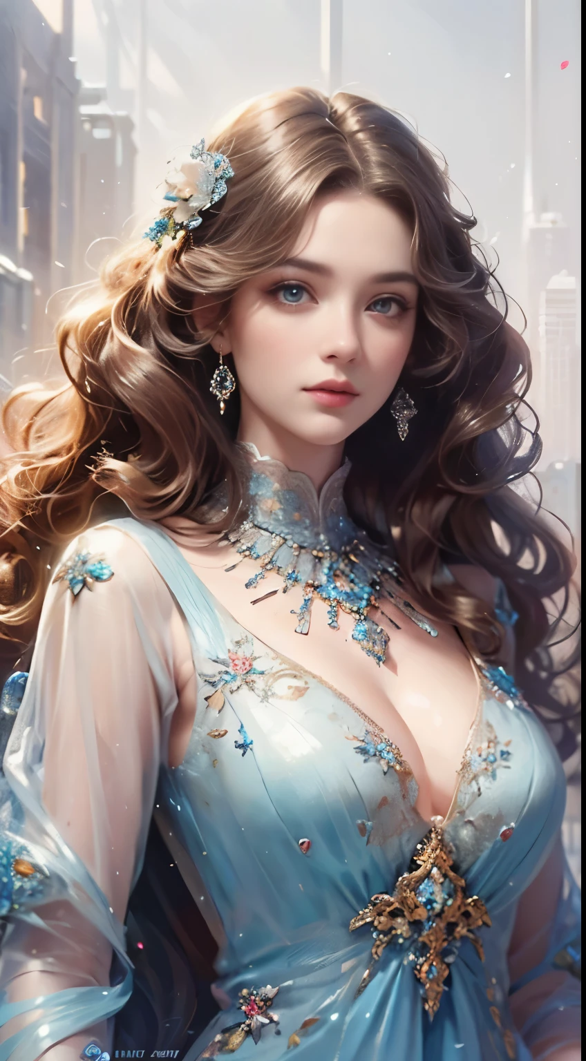 (best quality,ultra-detailed,realistic:1.37),portrait,beautiful young woman with noble appearance,ornate curls, large wavy curls at the ends of hair,bright and clear eyes,floral arrangement,crystal accessories,exquisite craftsmanship,soft lighting
