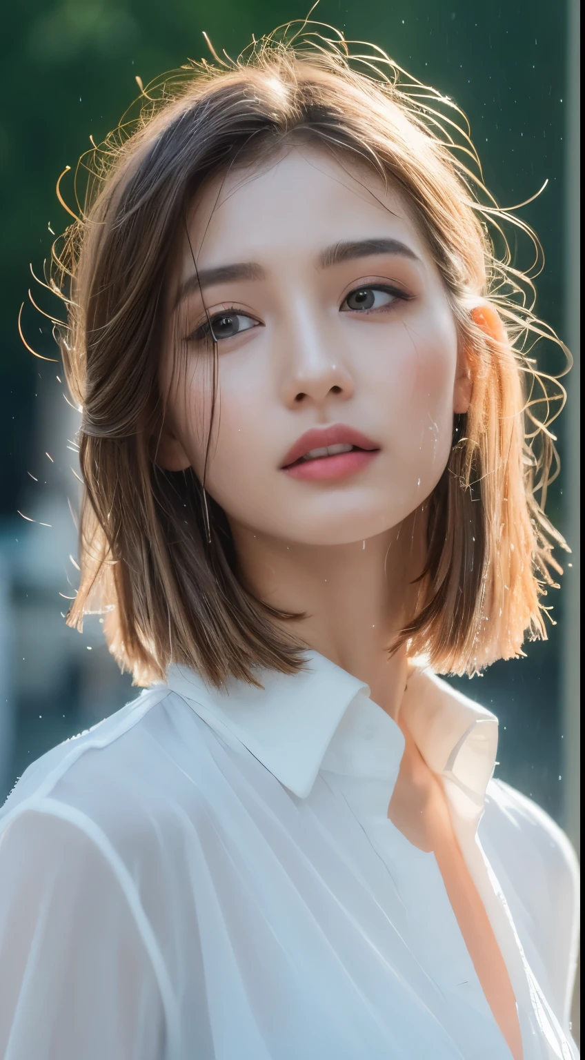 ((Best Quality, 8K, Masterpiece: 1.3)), Sharp: 1.2, Perfect Body Beauty: 1.4, Slim Abs: 1.2, ((Layered Hairstyle)), (Wet White Button Long Shirt: 1.1), (Rain, Street: 1.2), Wet: 1.5, Highly detailed face and skin texture, detailed eyes, double eyelids, side face