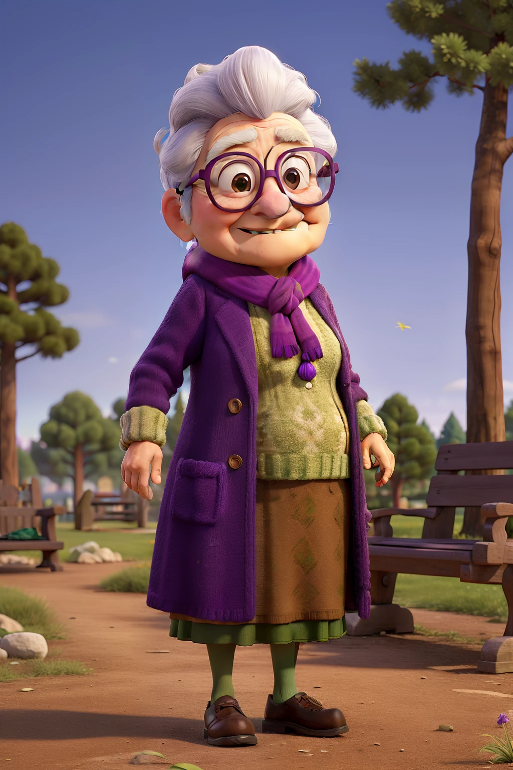 masterpiece, best quality, an old woman with glasses and a scarf on, wearing a purple coat and green scarf, standing at the park