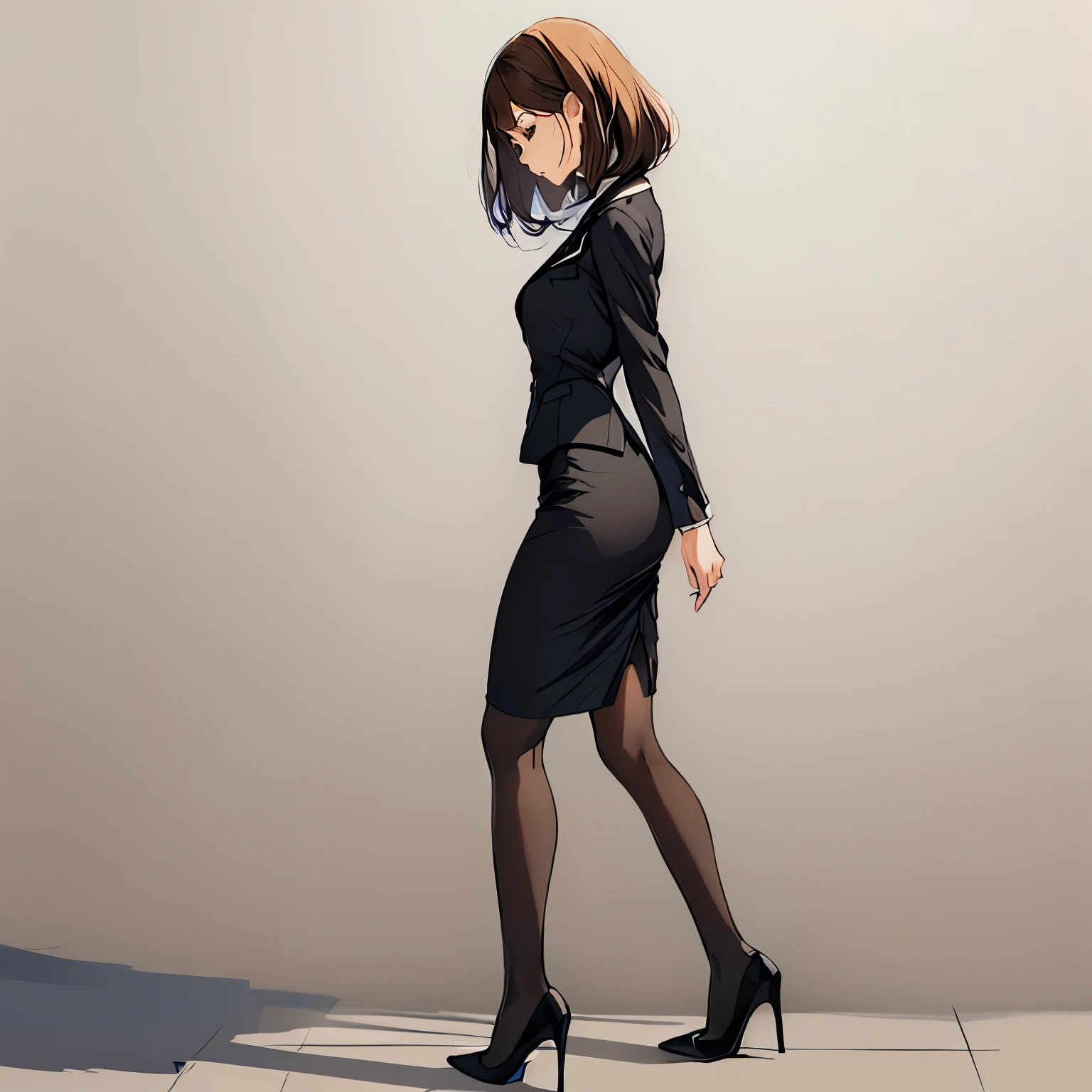 ((highest quality)), ((masterpiece)), (be familiar with), perfect face　mature beautiful woman、Cartoon-style illustration、Brown straight long hair、slender、long legs、office style、receptionist、business suit、white cutter shirt、navy blue ribbon、black vest、Black below-knee length pencil skirt、pantyhose、Black High Heel Pumps、walking while looking down、Trying to step on a pest on the ground、raise your legs、You can see the soles of your shoes、Boot sole、Draw the whole body down to the tips of the shoes、standing position、Close-up shot from below