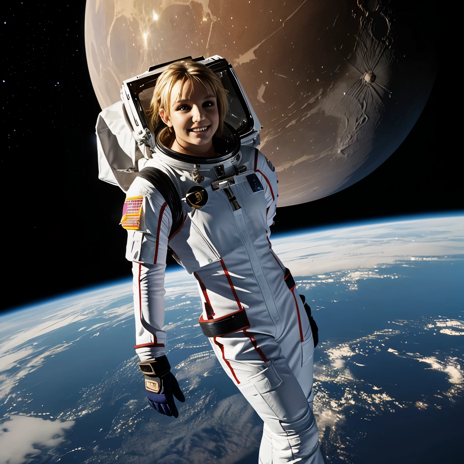 Britney Spears astronaut costume, Britney Spears from the moon, smiling, full body, hyper Realistic, 4k, High quality, High Definition, 