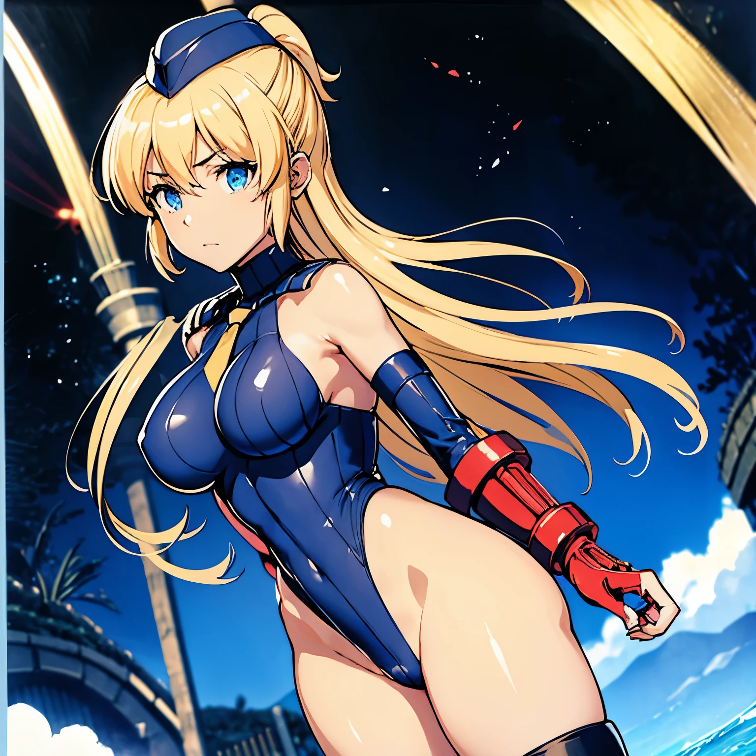 ultra-detailed, Explicit, Beautiful body, Beautiful Nose, Beautiful character design, perfect eyes, perfect face, ultra highres, 4K, beautiful legs, perfect legs, Nice hands, Perfect hand, Masterpiece, Best Quality, Highly detailed, illustration, absurdres, perfect anatomy, street fighter, doll suit, shadaloo doll, dollsuit, expressionless, blank eyes, looking at viewer, red gloves, emotionless, black latex, corrution, mind control, female combatant, full body, hypnotized, unhappy trance, full body suit, ribbed bodysuit, both arms at side, obey, perfect female body, extremely glossy latex, hypnosis, hypnoLora, empty eyes, Mind control device, poses, submissive_pose, Slave, stand up straight, standing, standing at attention, hat, necktie, belt, latex, ribbed bodysuit, thighhighs, garter belt, Fighting Stance, extending the right arm from the shoulder into the air with a straightened hand, military, thigh boots, 1girl, hair ornaments, blonde hair, long hair, blue eyes, (((pixel-perfect, detail-perfect))), solo, 1girl, Yuinshiel Asteria, Regalia: The Three Sacred Stars