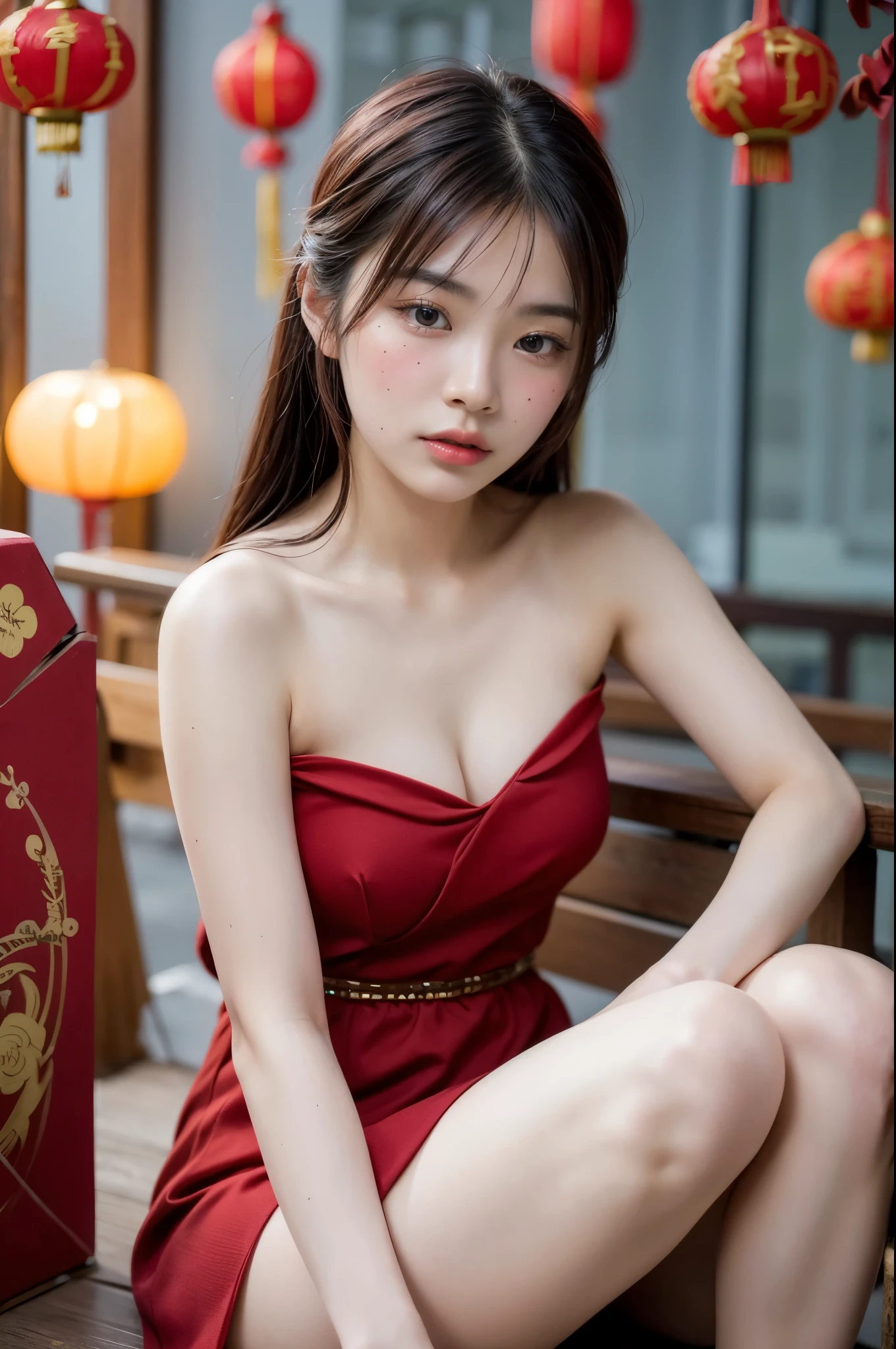 ((1 Korean girl)), ethereal beautiful, beautiful girl,slim, 18 years old, , soft light, close up picture, masterpiece, best quality, photo-realistic, high resolution, detailed skin, 8k uhd, dslr, soft lighting, high quality, film grain, Sony A7S, full body, ((topless Red Chinese new year dress)), ((in the Chinese new year festival)), ((professional pose)), (nsfw:1.4), soft hairy pussy