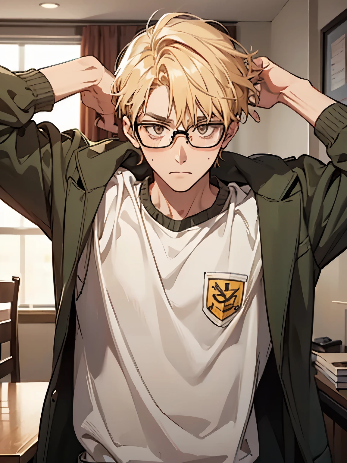 A male, nerd, awkward, dweeb, glasses, shy, blonde, brown eyes, freaky, acne