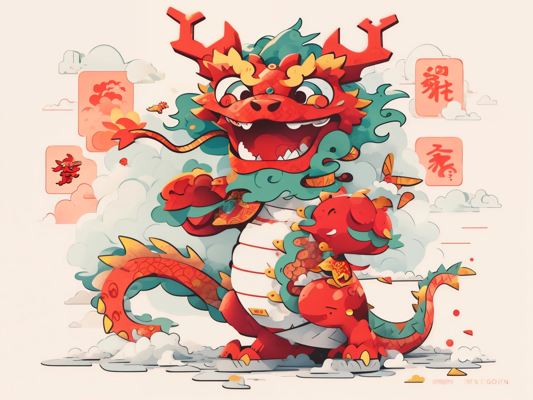 Illustration of red dragon, smooth chinese dragon,Chinese dragon concept art,  Red Chinese Dragon Fantasy, anthropomorphic dragon, a dragon made of clouds、in graffiti style