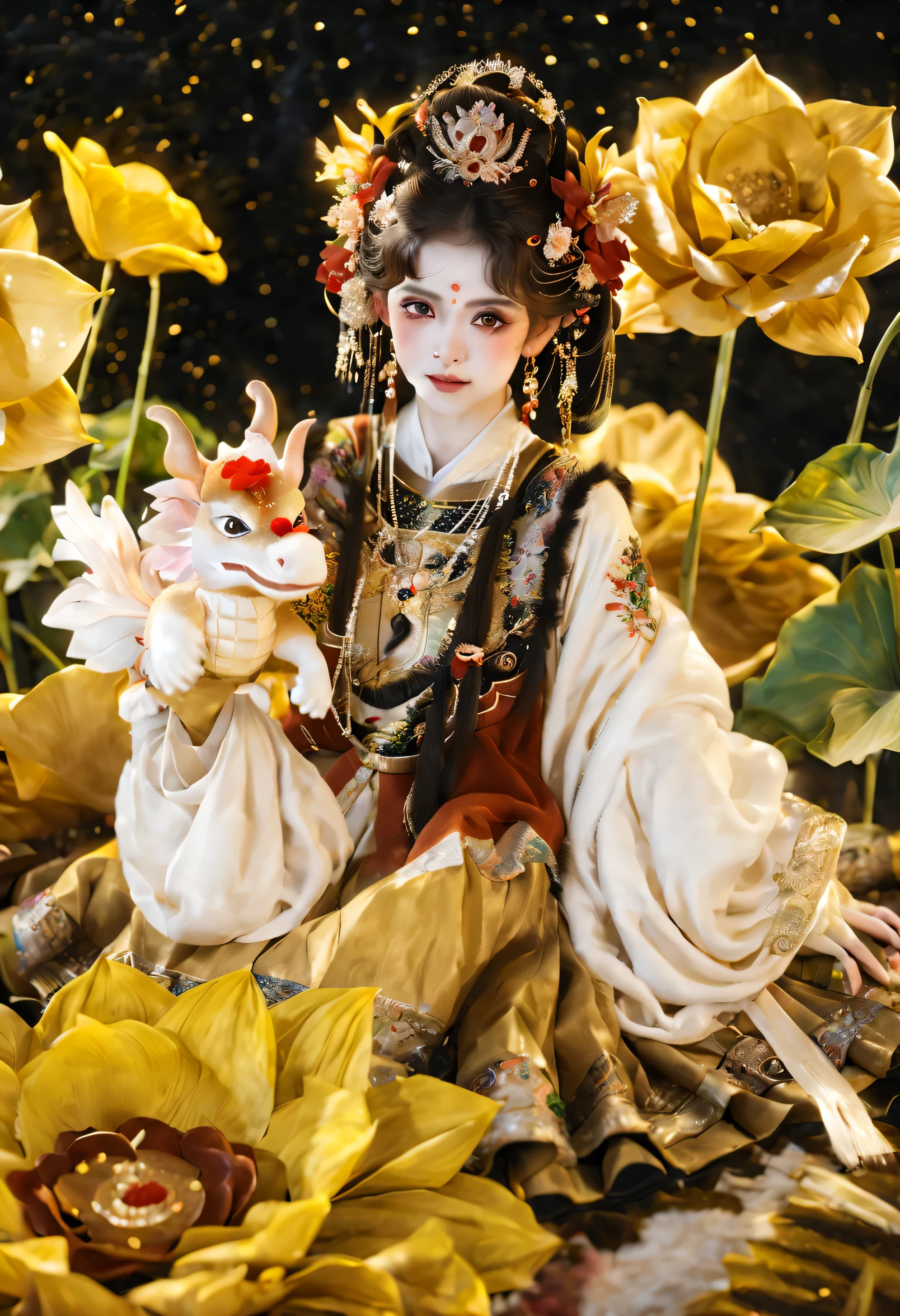 longnianhao,Length 2, 1 girl, flower, sitting, Chinese clothes, hair accessories, jewelry, long sleeves, black hair, fur trim, 莲flower, animal, alone, looking at the audience, gem, long hair, brown hair,  puffy long sleeves, facial markings, earrings, light particles, dragon, forehead mark, yellow flower, hanfu, bead, Kaneko, Keep, Bangs, cosmetic, indian style, tassel, puffy sleeves, shawl, vague, animal on shoulder, hair flower,  necklace, Keep animal, skirt, shine apart, wide sleeves, hair stick, braid, 火flower, whole body, parted Bangs, bun