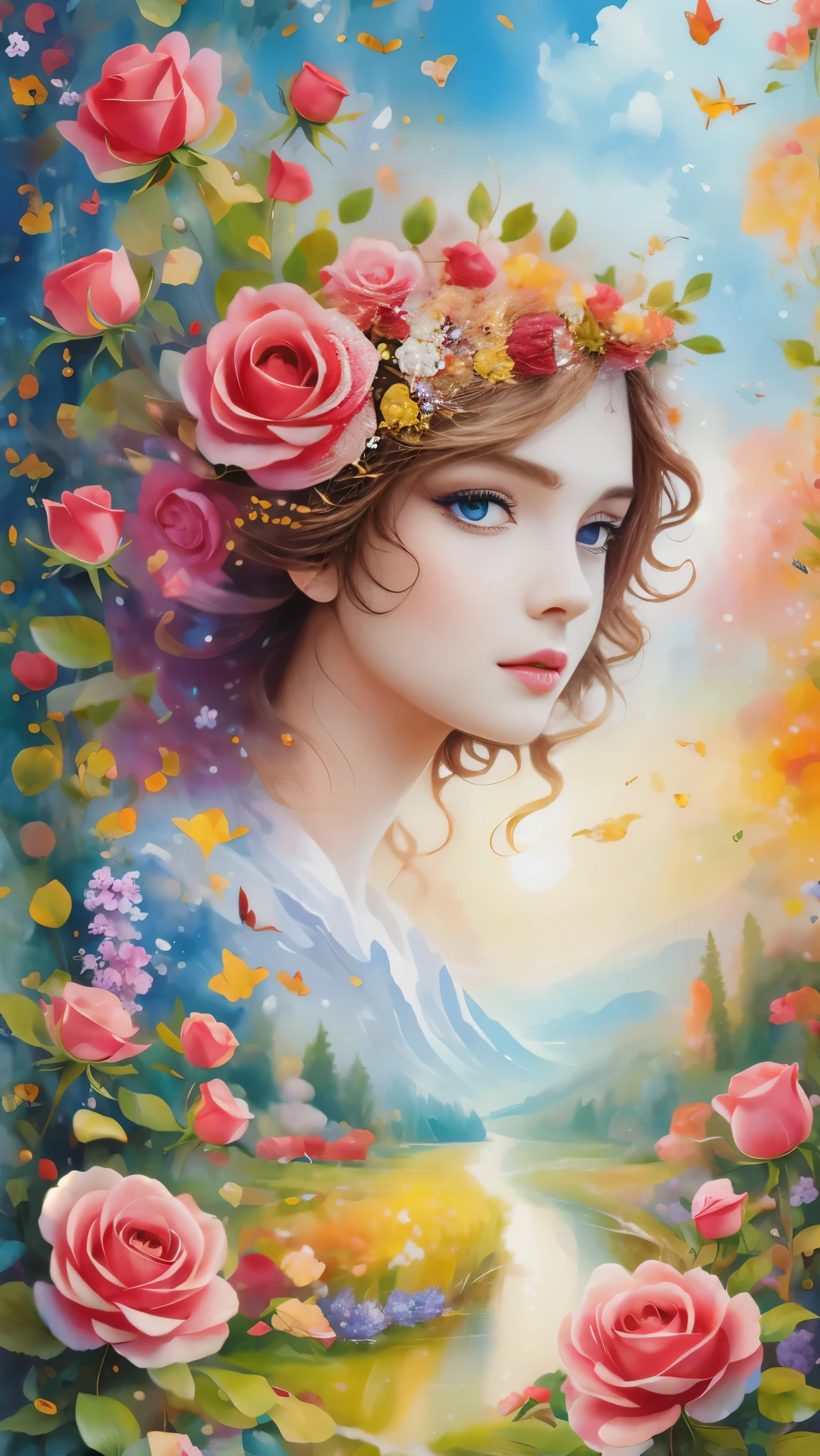 Fancy elegant botanical rose floral maximalism with a wave of fresh flowers garden flowers flowing floating in soft mist pink, water, Masio Damascus, Massive smoke and realistic flower fractals, octane rendering, josephine wall art, Isabel Menin, Jean, Amy Brown