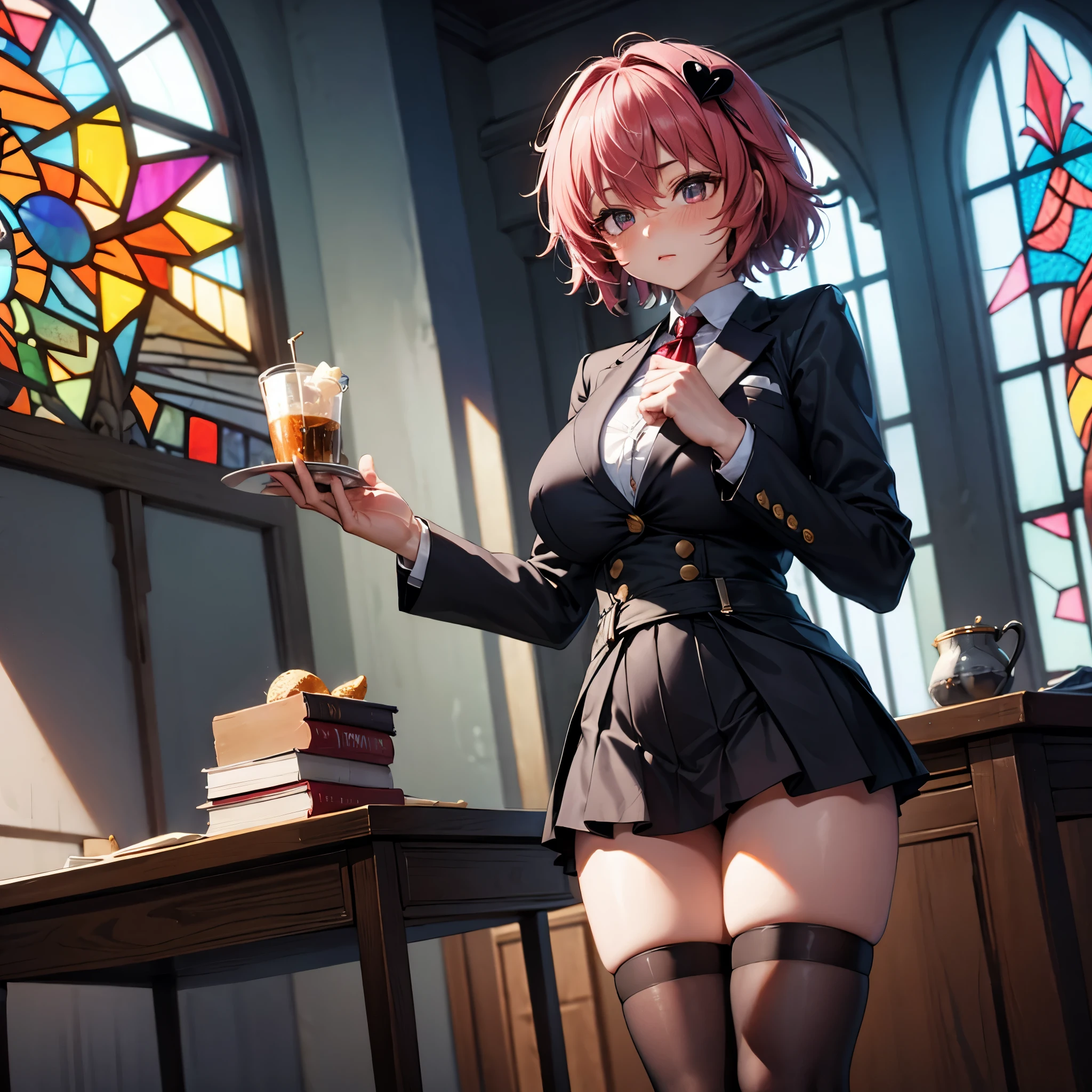 (Satori toho character:1.1), (solo), (standing), (stained glass), BREAK, short hair, (huge perky breasts), bursting breasts, (inconceivably thin waist:1.2), very long legs, BREAK, (black blazer:1.3), (black thighhighs:1.3), (very short black high-waist skirt:1.3) cinches waist too tight, highheels, BREAK, nose blush, BREAK, masterpiece, ultra-detailed