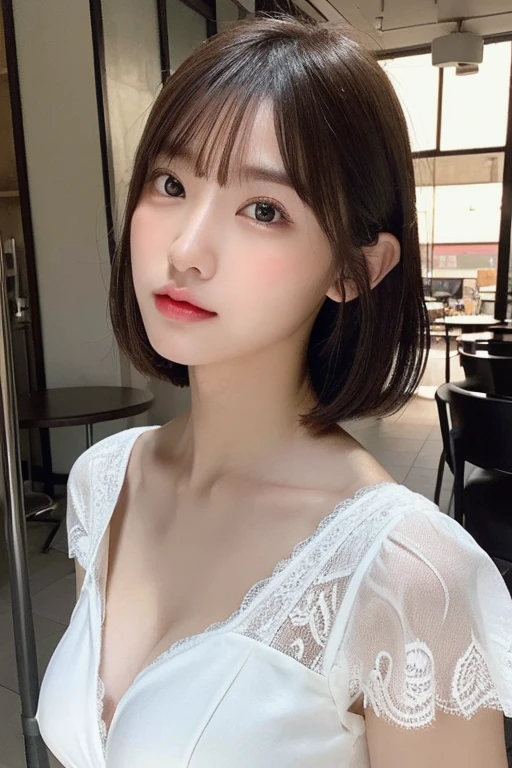 (photographed:1.2)、(Photorealsitic:1.4)、(masterpiece:1.3)、(top-quality:1.4)、super A high resolution、(A detailed eye)、(detailed facial features)、(detailed clothes features)、16K、solofocus、bangss、Double eyelids、Beautiful lips、toned legs、(Slender girl)、(a japanese girl)、(Japan Faces)、1 girl in、Slim Beauty:1.3、brown haired、Delicate hair、(Colossal tits:1.2)、Daikanyama、Street、Realistic body、de pele branca、glistning skin、Slim body、(short-hair:1.2)、(bangss: 1.2)、Bruises and ugly face、kawaii faces、Lifelike face、Delicate body、thighs thighs thighs thighs、(Detailed Cafe)、Coffee、(Pure white sheer lace dress)、(coverd nipples:0.9)、flat chest、Looking at the camera、Terrace seating、((sexy pose))、stunning lighting