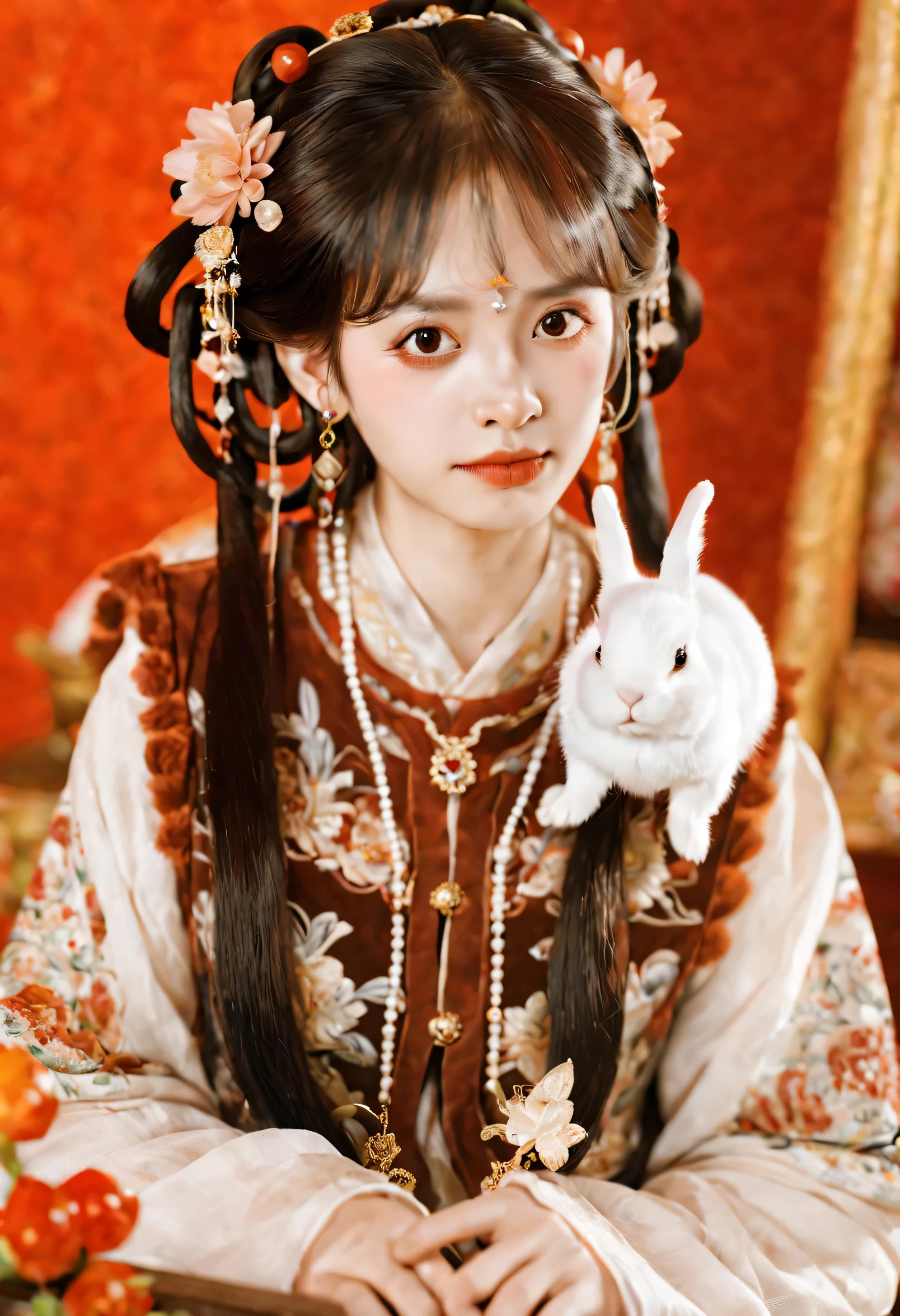 longnianhao,Long 4, 1 girl, hair accessories, alone, flower, Chinese clothes, red background, black hair, rabbit, looking at the audience, jewelry, actual, vague, hanfu, musical instrument, Upper body, animal, necklace, hair flower, Bangs, depth of field, long hair, bead, loopholes, hair ring, vague foreground, earrings, Butterfly, Double tail, long sleeves, Keep, skirt, cosmetic, brown hair, food