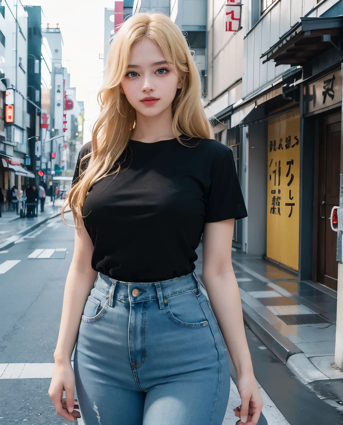 1girl, (Blue Eyes), smiling, (Sana Minatozaki), wide hips, Big , big ass, (Best Quality, 8k, Masterpiece: 1.3), Clear Focus: 1.2, Perfect Body Beauty: 1.4, Highly detailed face and skin texture, detailed eyes, double eyelids, (blonde long hair), (tight black t-shirt :1.3), (jeans), posing for a photo, in a Tokyo neighborhood, Cold weather