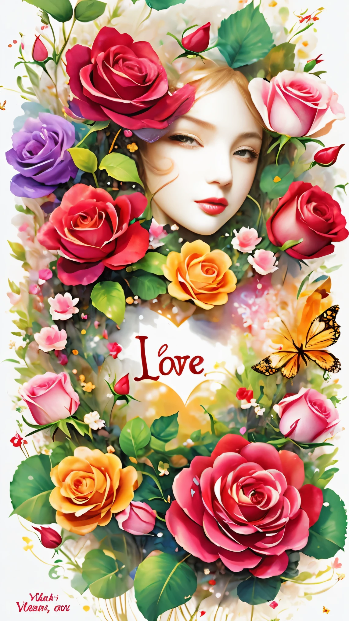 (masterpiece, best quality:1.2), greeting card design：soft，Moderate，embossed bevel，transparent，3D font design"I LOVE YOU"，Colorful fantasy background，Valentine&#39;s Day theme，Rose