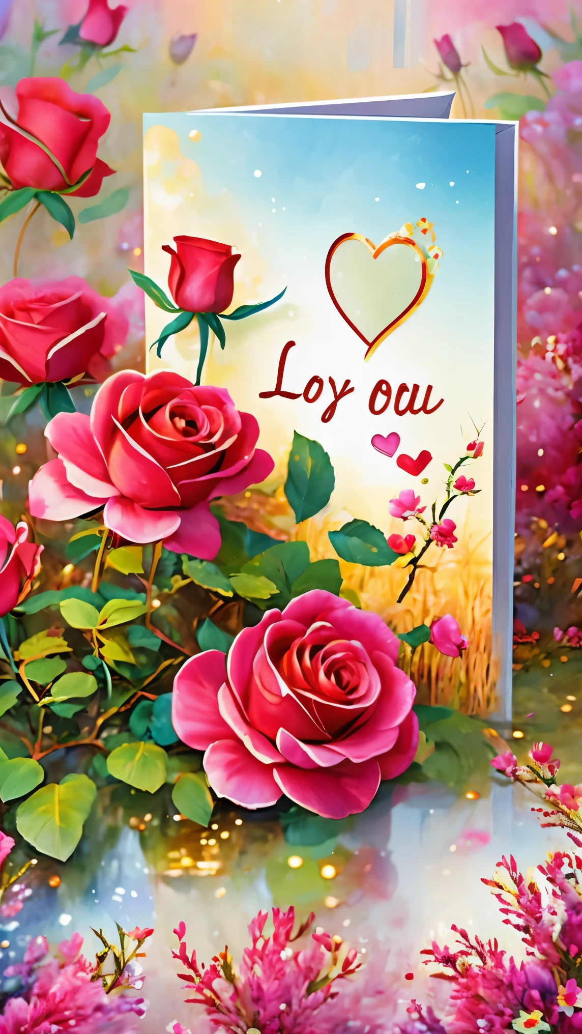 (masterpiece, best quality:1.2), greeting card design：soft，Moderate，embossed bevel，transparent，3D font design"I LOVE YOU"，Colorful fantasy background，Valentine&#39;s Day theme，Rose