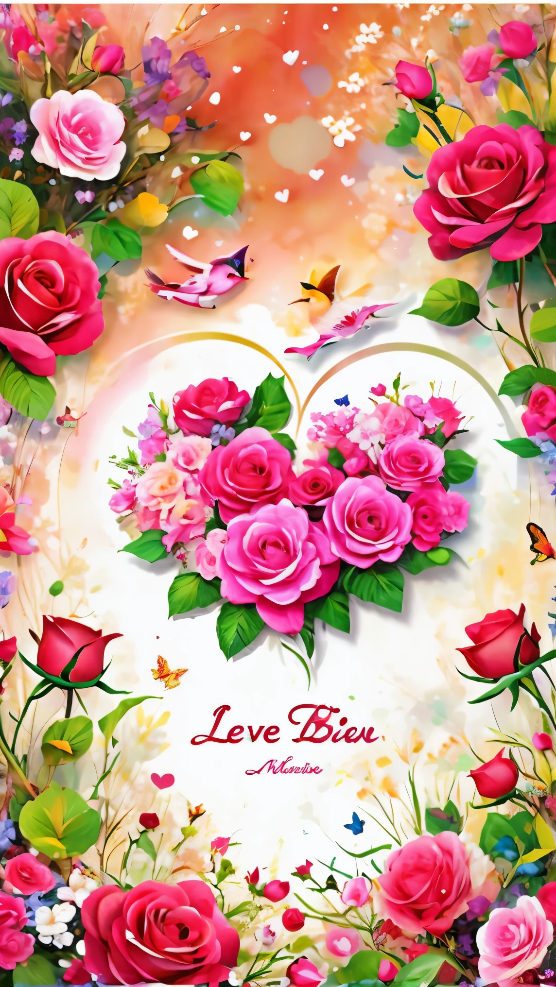 (masterpiece, best quality:1.2), greeting card design:soft,Moderate,embossed bevel,transparent,3D font design"I LOVE YOU",Colorful fantasy background,Valentine's Day theme,Rose
