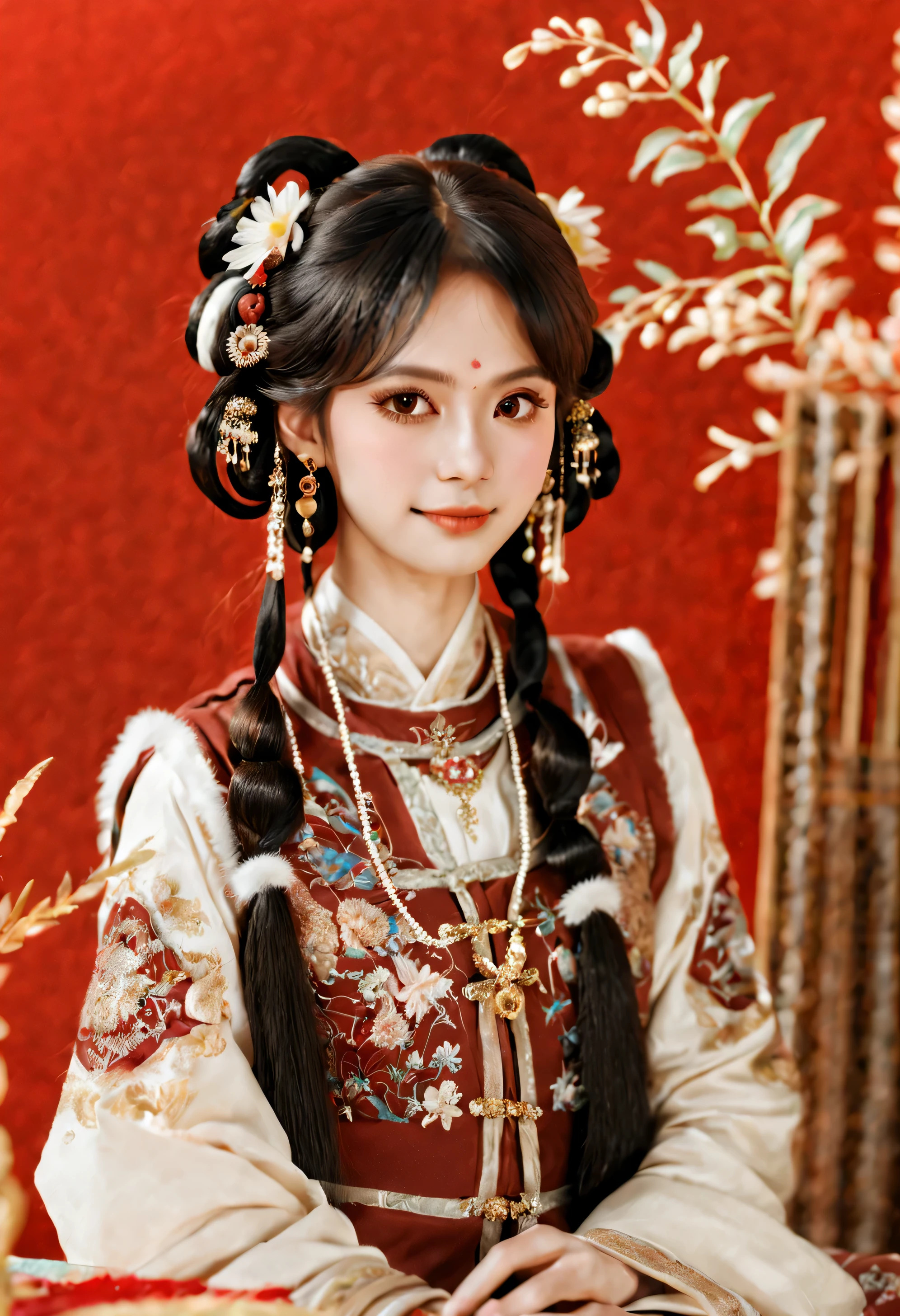 longnianhao,Long 4, 1 girl, hair accessories, alone, flower, Chinese clothes, red background, black hair, rabbit, looking at the audience, jewelry, actual, vague, hanfu, musical instrument, Upper body, animal, necklace, hair flower, Bangs, depth of field, long hair, bead, loopholes, hair ring, vague foreground, earrings, Butterfly, Double tail, long sleeves, Keep, skirt, cosmetic, brown hair, food