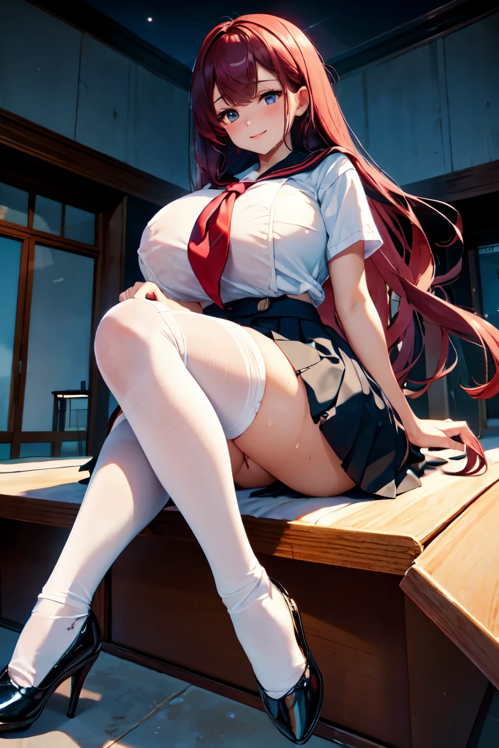 (High quality, High resolution, Fine details), crimson clouds surrounding the moon, (woman in sailor school uniform on a red full moon night:1.2), silhouette of tall buildings in the background, (deep blue sky), clear bright moon, (sailor suit), (short pleated skirt), BREAK white collar, BREAK red bow, BREAK white long socks, BREAK black shoes, solo, curvy women, Flowing red Hair, sparkling eyes, (Detailed eyes:1.2), smile, blush, Sweat, Oily skin, shallow depth of field, soft moonlight, faint shadow cast behind her, gigantic breasts, giga_busty
