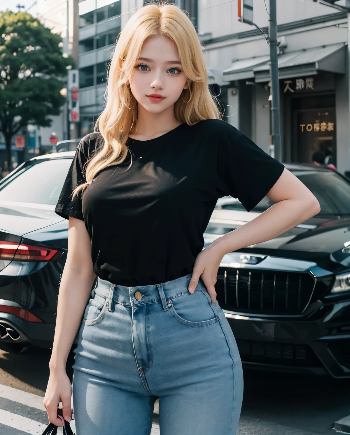 1girl, (Blue Eyes), smiling, (Sana Minatozaki), wide hips, Big , big ass, (Best Quality, 8k, Masterpiece: 1.3), Clear Focus: 1.2, Perfect Body Beauty: 1.4, Highly detailed face and skin texture, detailed eyes, double eyelids, (blonde long hair), (tight black t-shirt :1.3), (jeans), posing for a photo, in a Tokyo neighborhood, Cold weather