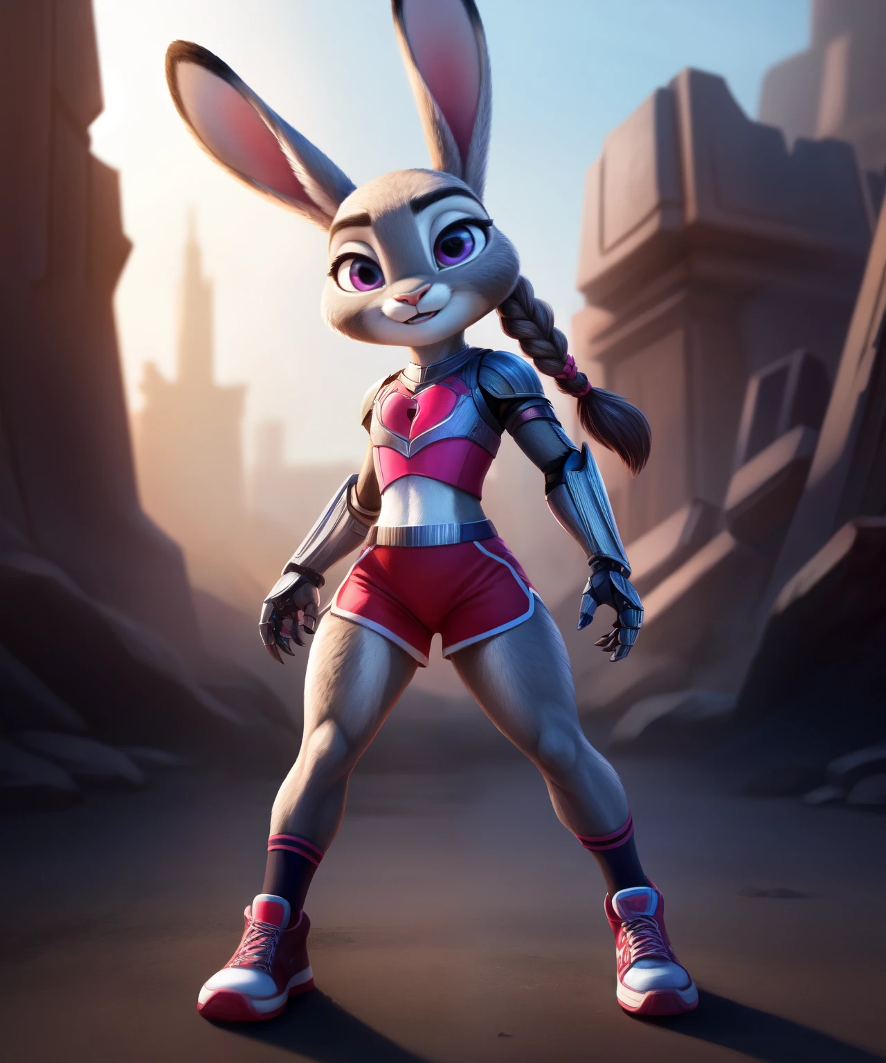 Judy Hopps as a ravager, braid, a pink, heart-shaped chest plate with thin white trim going around it, crimson shorts, sneakers, full body view, metal arm bands