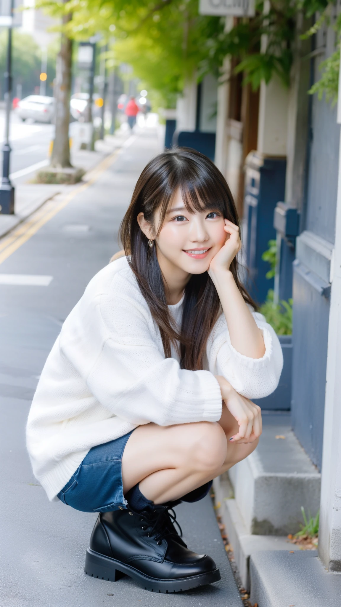 Photo taken by a professional photographer，laughter:1.5，Close-up of a woman squatting on the sidewalk, wearing a sweater, Short-cut brown hair, hair is disheveled，young and cute girl, Wearing a super super super super super super super mini skirt:1.5，Wear stylish boots，sit on a park bench:1.5，Fancy makeup with red eyeshadow，Beautiful thighs are visible，I can see white panties，looking at the camera，