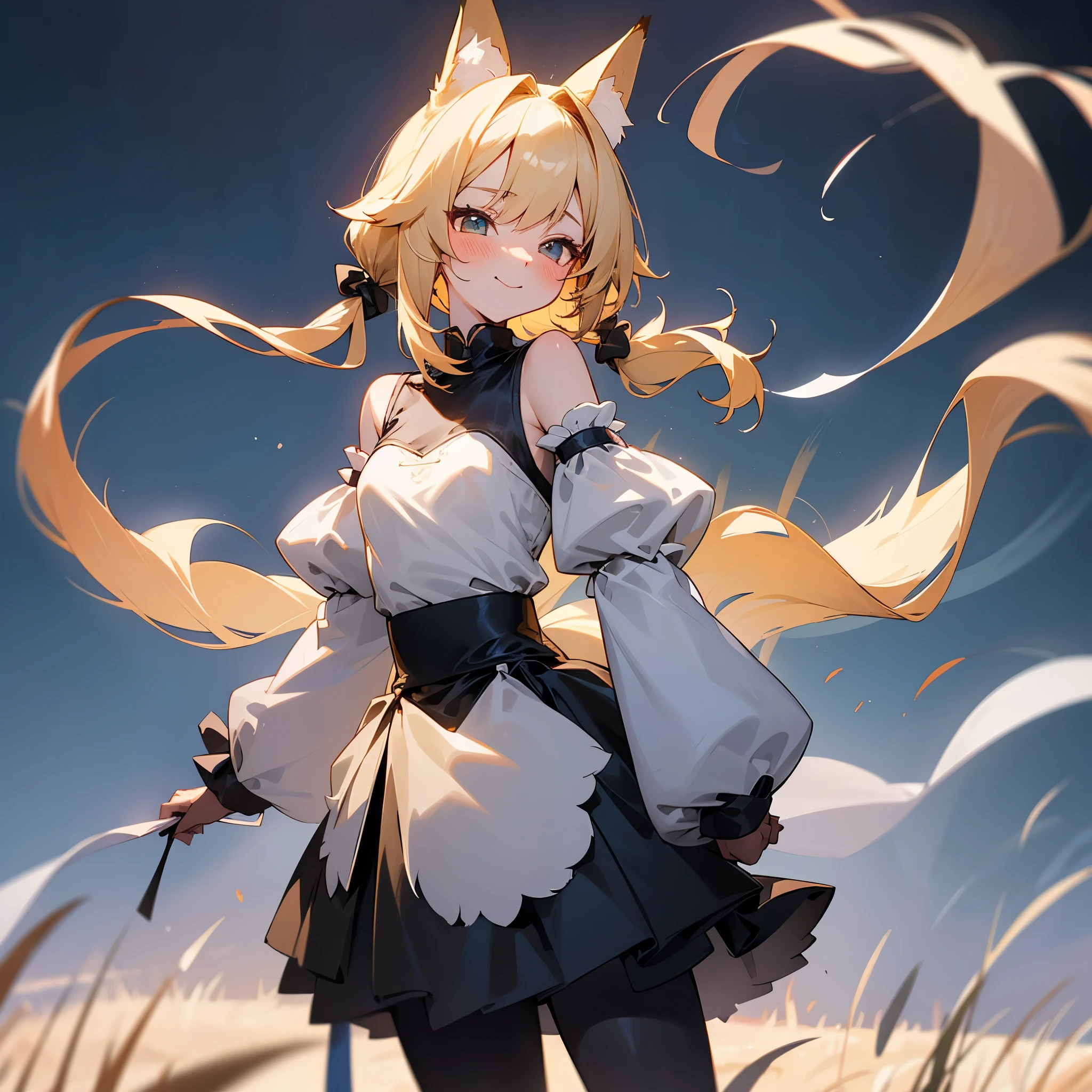 Female, adult, black skirt, blushing, black attire, small shirt, small sleeves, puffy sleeves, exposed shoulders, black leggings, short and fluffy hair, blonde hair, fox ears, fox tail, fluffy tail, only one tail, pigtail bangs, gentle smile, smaller waist, standing in fantasy field, facing viewer