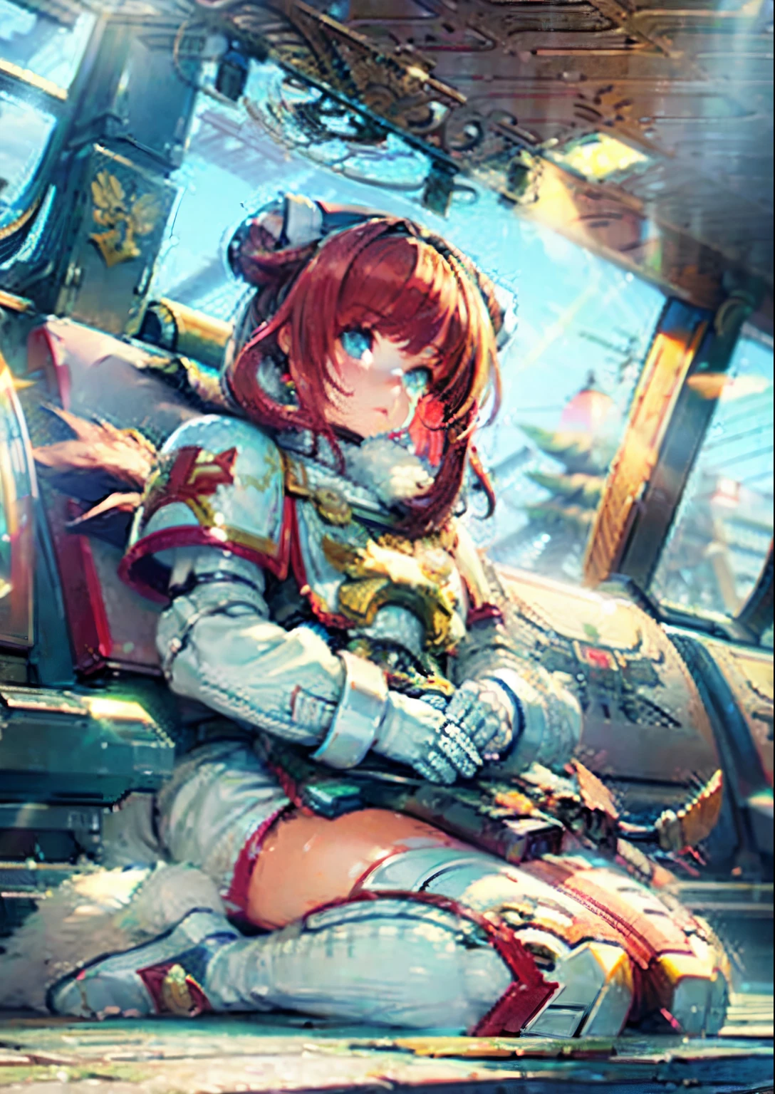 warhammer 40k, white scars, space marines, white scars emblem, white power armor, (bun, long hair, :1.25), sword in hand, action, Masterpiece, intricate, anime style, full body, 1girl, rakkun, racoon ears, 1tail, fluffy tail, (red and blue eyes blurred), short hair, (red inner hair), ((brown hair)), strand of hair on the left side, looking at viewer, hight quality, 4k,highres, professional art, professional drawing, professional lineart