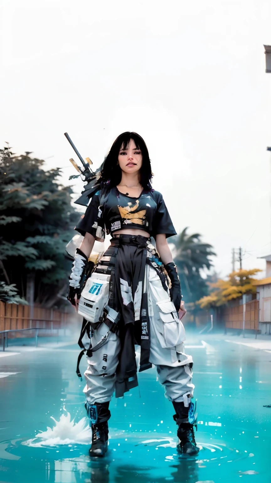 ((melhor qualidade)), ((obra de arte)), (altamente detalhado:1.3), ..3D, Lindo (ciberpunk:1.3) Mulher samurai de rua com cabelo grosso e disforme, armas, usado nos quadris, cinematic lighting, Profundidade de campo.