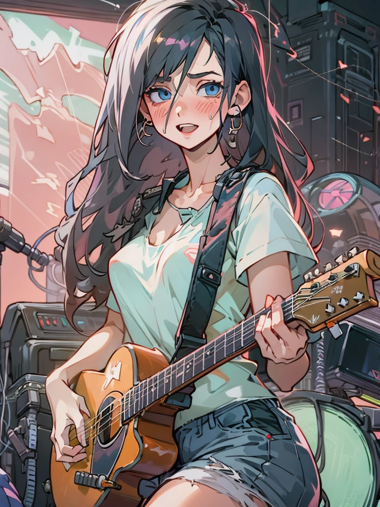 (1girl:1.5), wearing white t-shirt, masterpiece, best quality, best detail, best proportion, best , best face, best shaped , very big  , big ass, (tall girl), (15years old swedish teen), (black long hair), ((female musician with electricbase guiter):1.3)), cowboy shot, pantyshot, smile, blush, stage(background), mic stand, ((singing and playing electric base guiter):1.4), ((too sweaty):1.1), Hi-NRG musician, torn clothes, , lips, nose, pale skin, black hair, blue eyes, fair-skinned , narrow waist, pink , :1.3, see-through shirt, wet shirt, 