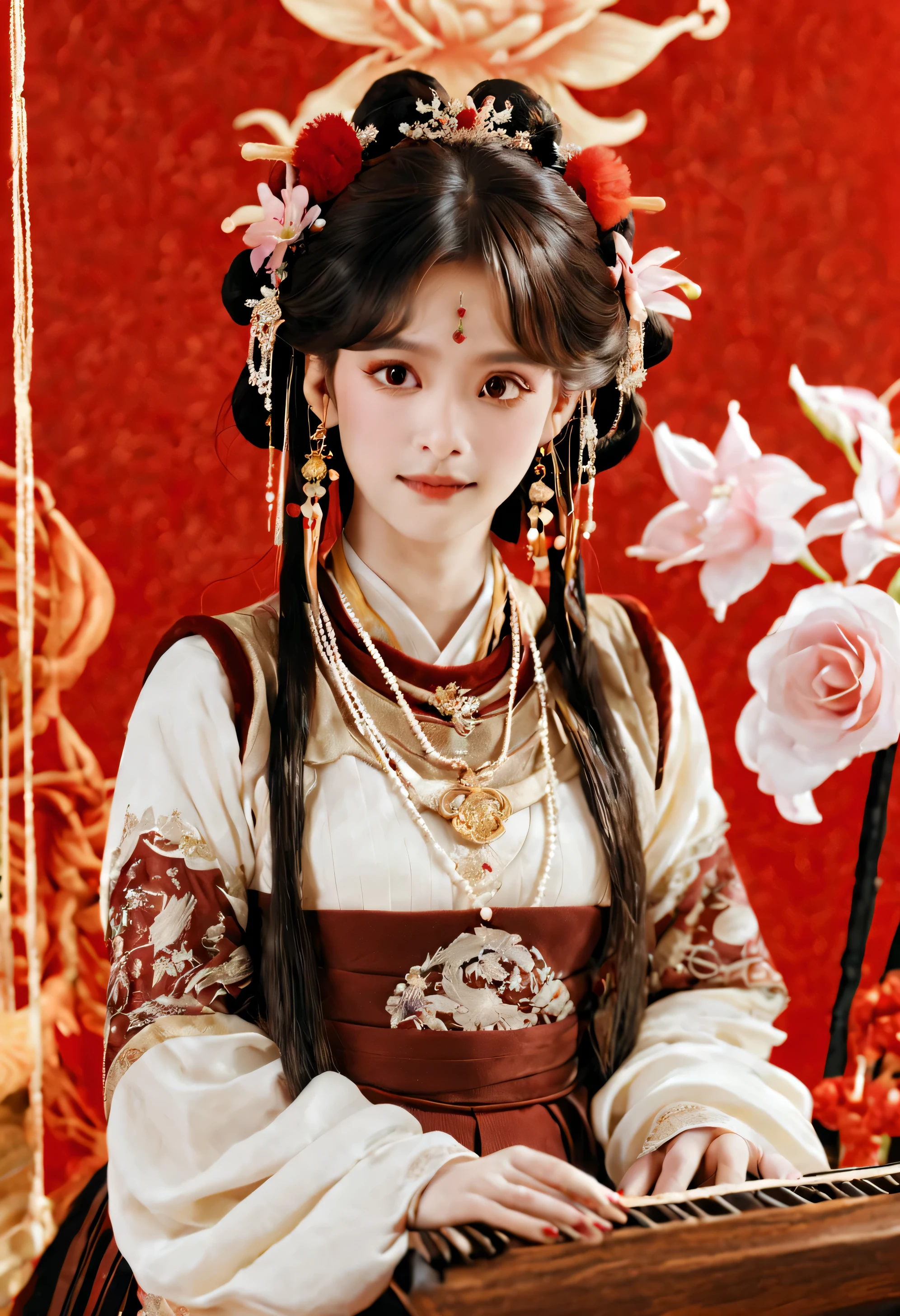 longnianhao,dragon4, 1 girl, hair accessories, alone, flower, Chinese clothes, red background, black hair, dragon, looking at the audience, jewelry, actual, vague, hanfu, musical instrument, Upper body, animal, necklace, hair flower, Bangs, depth of field, long hair, bead, loopholes, hair ring, vague foreground, earrings, Butterfly, double tail, long sleeves, Keep, skirt, cosmetic, brown hair, Food waiting to start