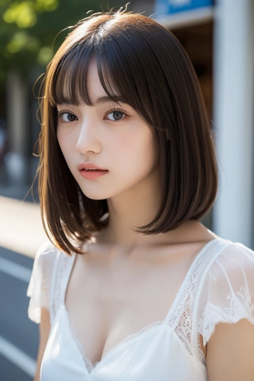 (photographed:1.2)、(Photorealsitic:1.4)、(​masterpiece:1.3)、(top-quality:1.4)、super A high resolution、(A detailed eye)、(detailed facial features)、(detailed clothes features)、16K、solofocus、bangss、Double eyelids、Beautiful lips、toned legs、(Slender girl)、(a japanese girl)、(Japan Faces)、1 girl in、Slim Beauty:1.3、brown haired、Delicate hair、(Colossal tits:1.2)、Daikanyama、Street、Realistic body、de pele branca、glistning skin、Slim body、(short-hair:1.2)、(bangss: 1.2)、Bruises and ugly face、kawaii faces、Lifelike face、Delicate body、thighs thighs thighs thighs、(Detailed Cafe)、Coffee、(Pure white sheer lace dress)、(coverd nipples:0.9)、(flat chest:1.5)、Looking at the camera、Terrace seating、((sexy  pose))、stunning lighting