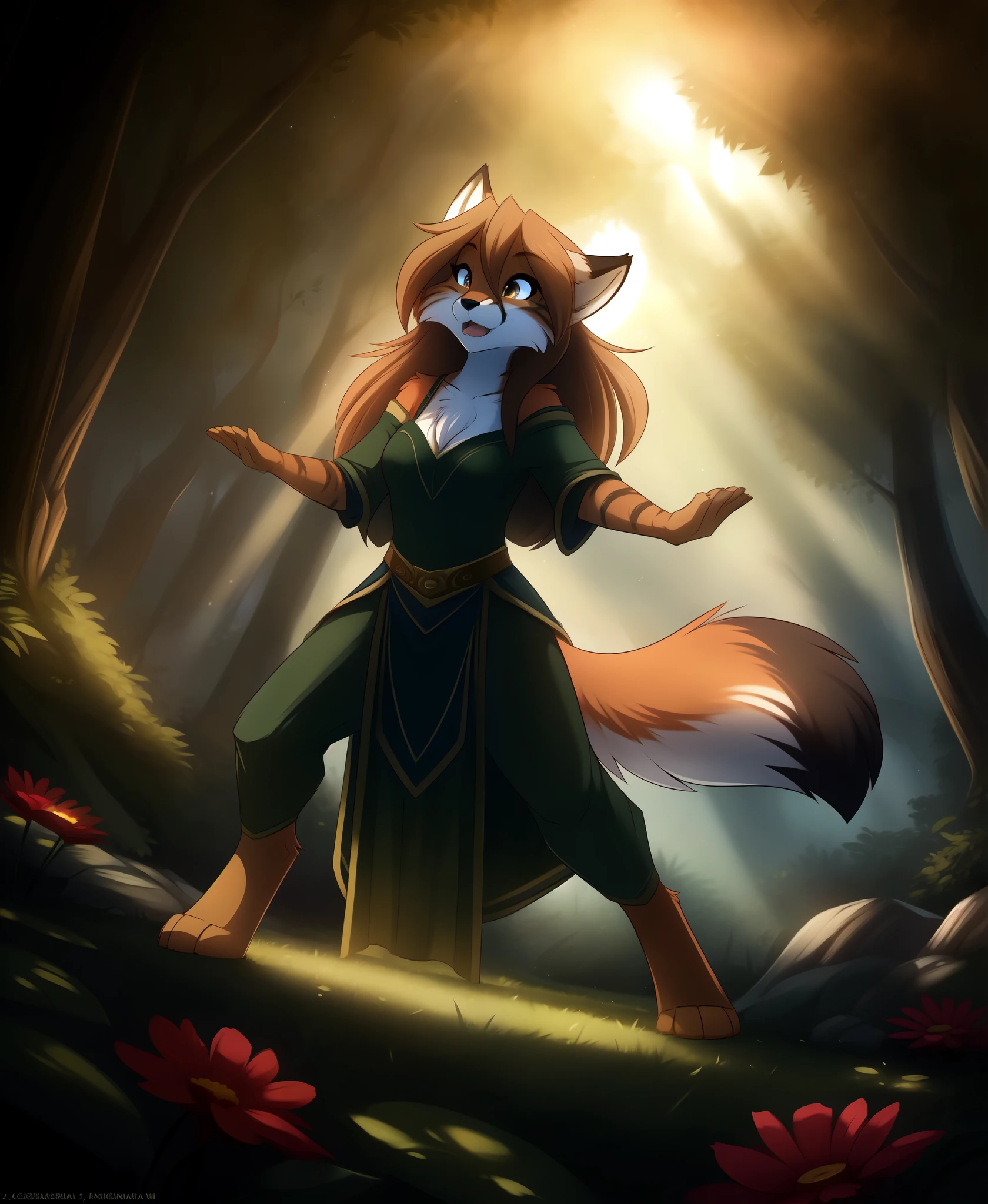 digital painting,detailed characters,Twokinds by Tom Fischbach style,(anthro fox:1.3),flora abundance,moonlit clearing,enchanted forest atmosphere,sophisticated character stance,dynamic expressions,soft fur texture,vibrant character color palette,(interplay of shadow and light:1.2),high resolution,multi-layer composition,(interaction with natural elements:1.1),narrative scene construction,facial emotion depth,(inspired costume designs akin to Twokinds:1.0),(rich environmental storytelling:1.2),clear narrative focus,cinematic angle portrayal,elevated fantasy aspect,best quality masterwork,meticulous detail rendering,enchantment glow effects,character-centric visual storytelling