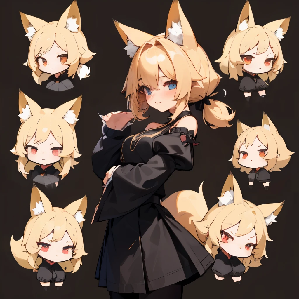 Female, adult, black skirt, blushing, black attire, small shirt, small sleeves, puffy sleeves, exposed shoulders, black leggings, short and fluffy hair, blonde hair, fox ears, fox tail, fluffy tail, only one tail, pigtail bangs, gentle smile, smaller waist, character design sheet, ((four different angles))