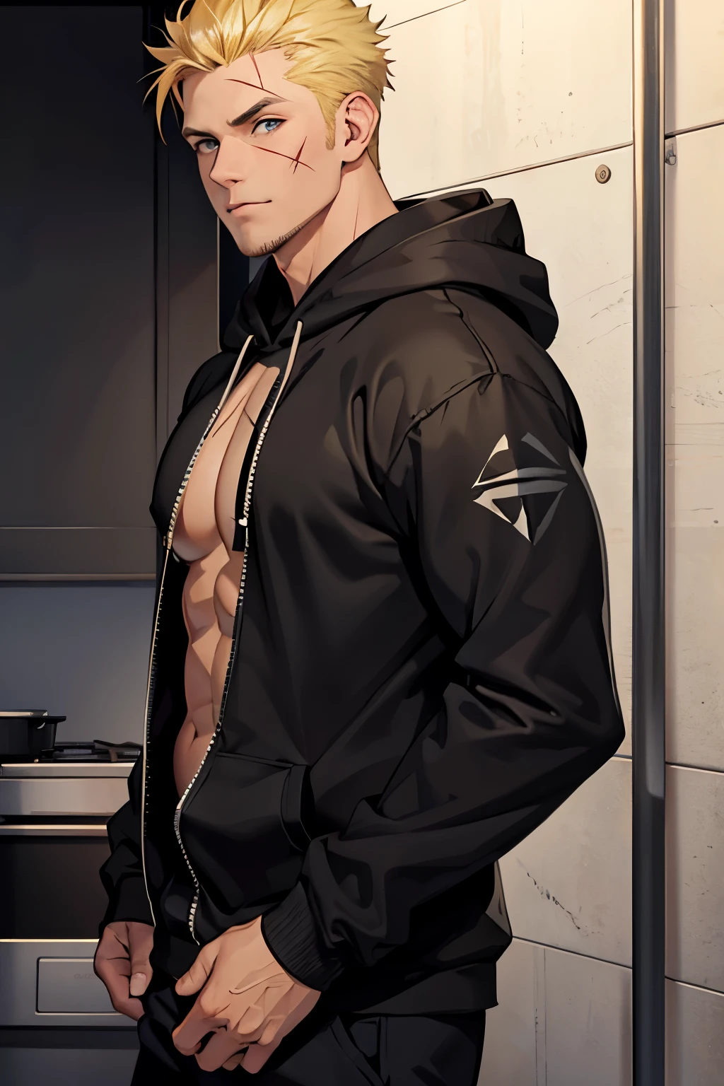 1 man, ((muscular)), short blonde, scars on face, black hoodie
