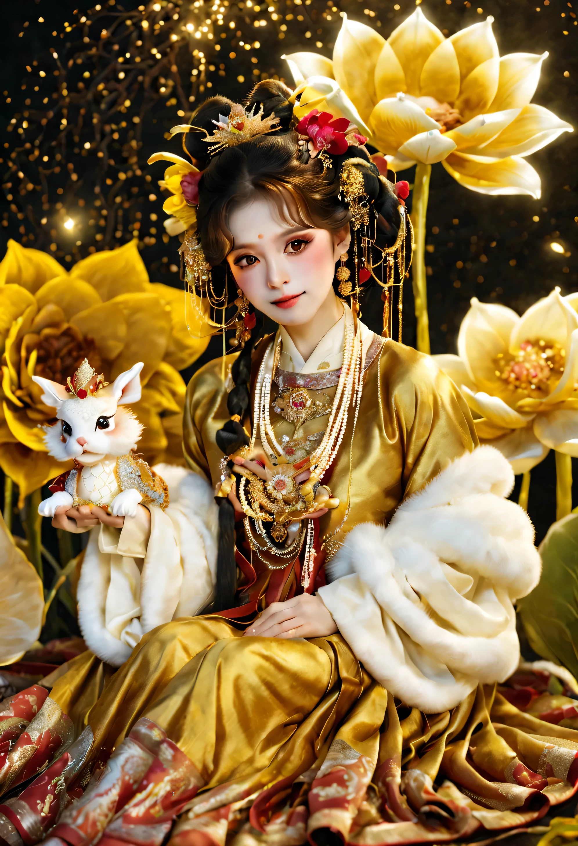 longnianhao,Length 2, 1 girl, flower, sitting, Chinese clothes, hair accessories, jewelry, long sleeves, black hair, fur trim, 莲flower, animal, alone, looking at the audience, gem, long hair, brown hair,  puffy long sleeves, facial markings, earrings, light particles, dragon, forehead mark, yellow flower, hanfu, bead, Kaneko, Keep, Bangs, cosmetic, indian style, tassel, puffy sleeves, shawl, vague, animal on shoulder, hair flower,  necklace, Keep animal, skirt, shine apart, wide sleeves, hair stick, braid, 火flower, whole body, parted Bangs, bun