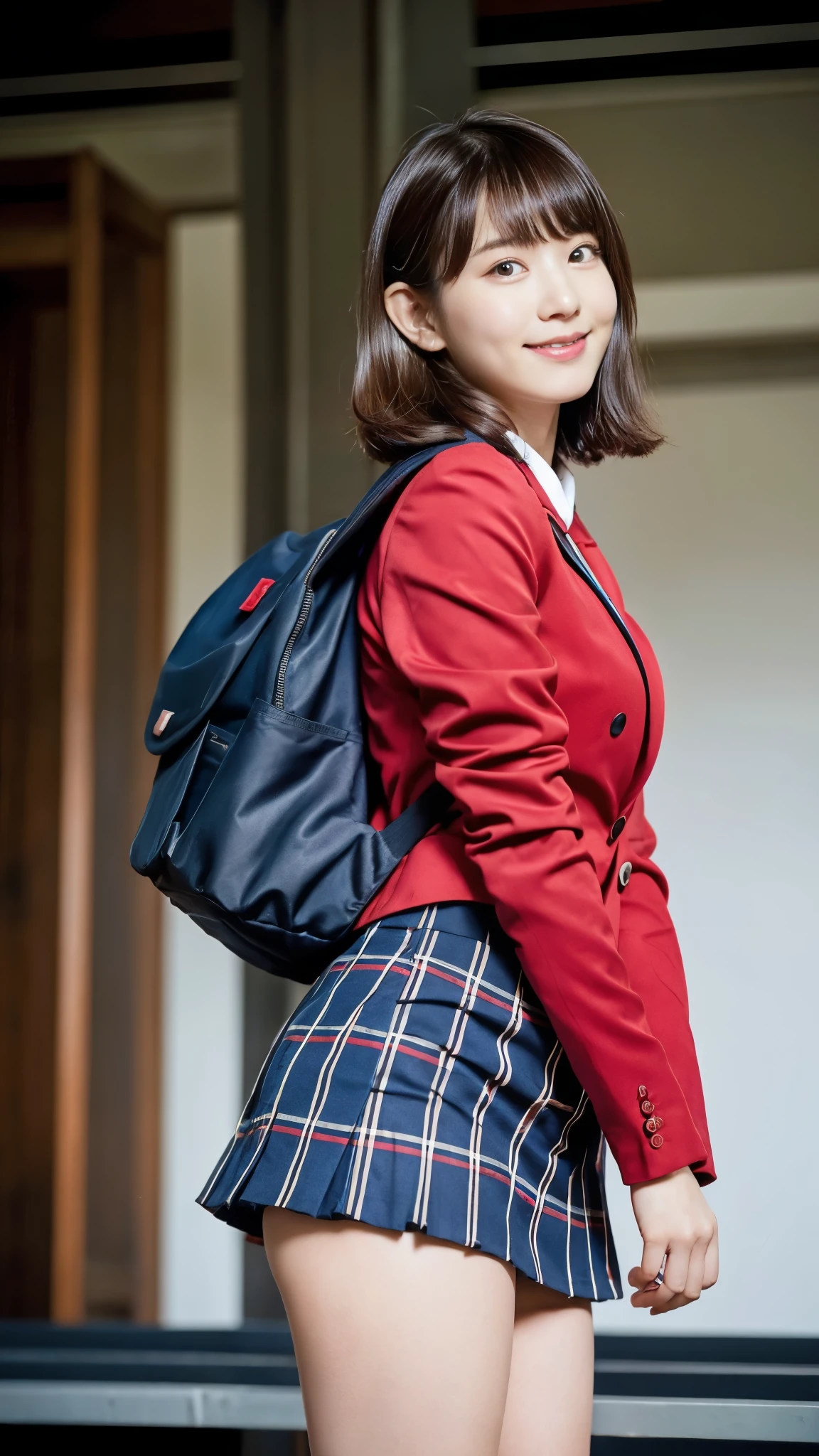 Stand in the classroom of school2fashi-girl,red tie uniform,Dark Blue Closed Blazer,Blue plaid mini skirt:1.2,18-year-old,bangs,a little smile,thighs,knees,from below,random pose,pretty girl,slender girl,white panties,blonde with short cut,Side waves with a short cut,Carrying a black rucksack,