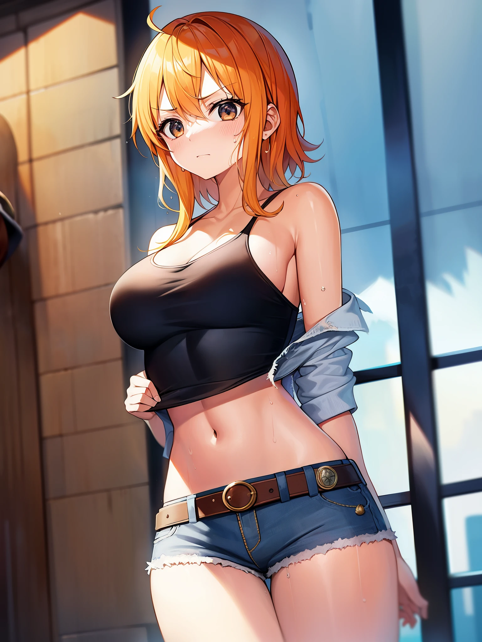 one-piece、Nami、highest quality、(beautiful)、1 girl、physically based rendering、ultra high resolution、(cowboy shot:1.5)、constriction、skinny、Big eyes、long legs、ripped jeans、leather belt、small breasts、puffy eyes、leather belt、(City of Rains)、Shiny skin、Facing the front、Winning attitude、(abdomen:0.7)、sweating、scattering sweat drops、Torn tops、off shoulder、(torn clothes:1.3)